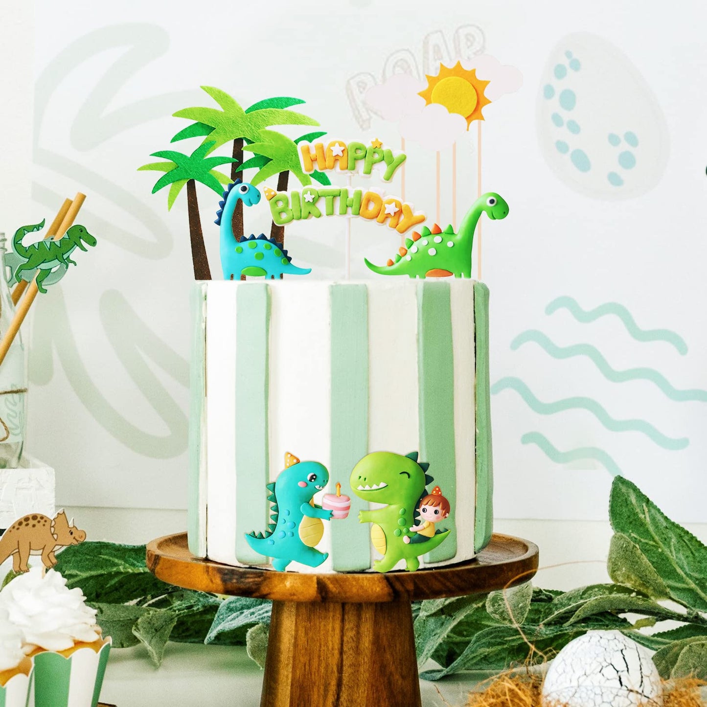 Dinosaur Cake Toppers Cute Dinosaur Happy Birthday Cake Decorations for Boy Girl Baby Shower Birthday Party Dinosaur Scene Theme Cartoon Party Decoration