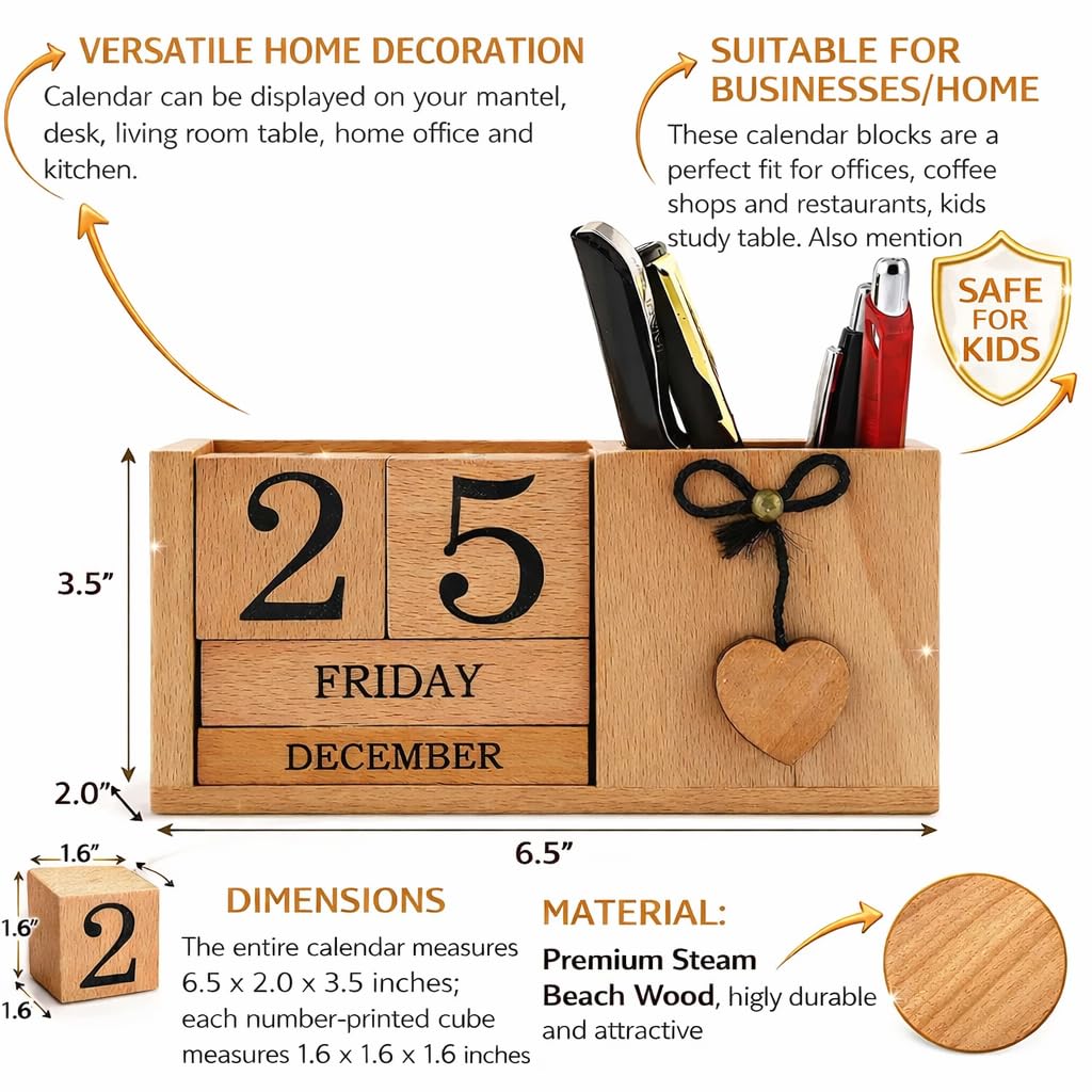 Frescorr - Wooden Perpetual Calendar for Desk, Wood Month Date Display Blocks for Teachers, Students, Classrooms, Farmhouse Office Decor, Desk Accessories
