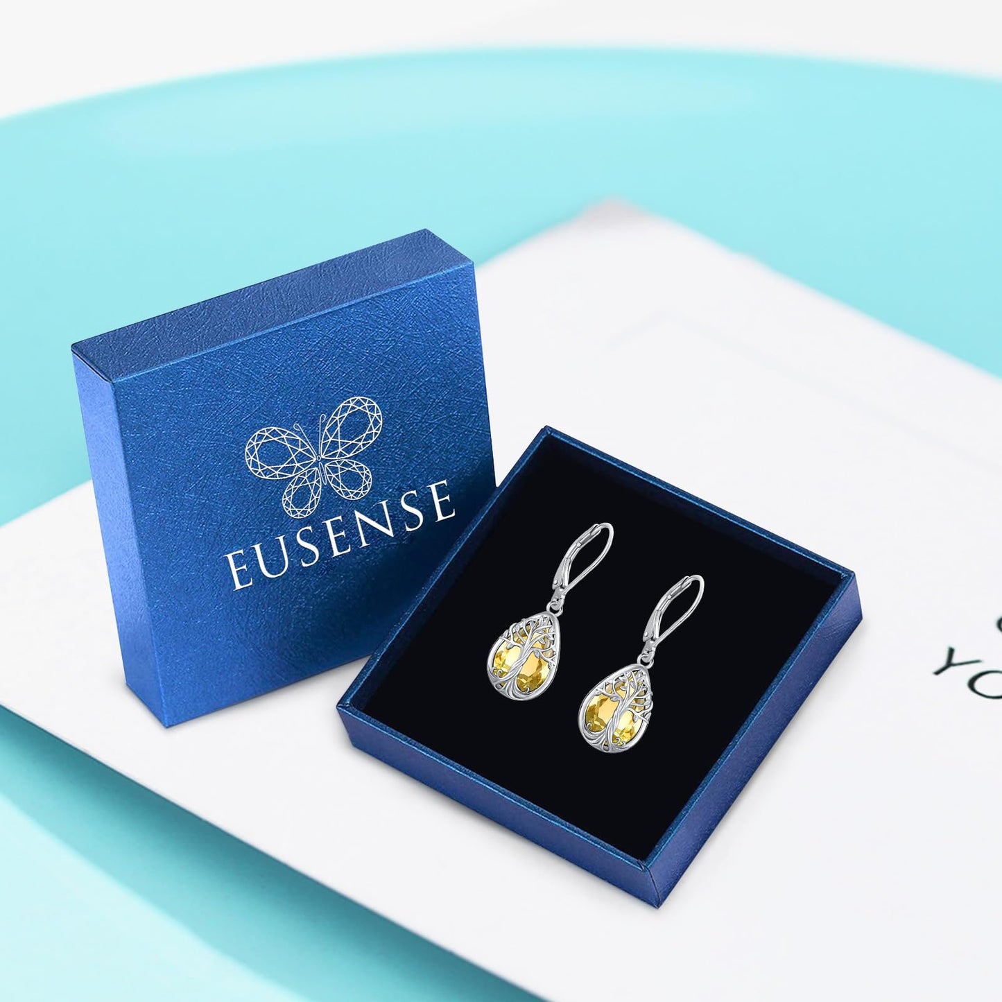 Eusense Tree of Life Dangle Citrine Earrings 925 Sterling Silver Teardrop Birthstone Earrings for Women Leverback Closure Tree of Life Jewelry Gift
