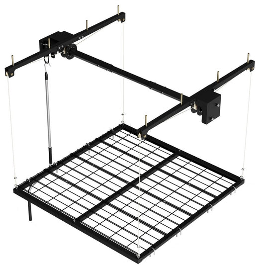 Overhead Garage Lifting Storage Rack, 4x4 ft Heavy-Duty Carbon Steel Ceiling Storage Rack, Adjustable Organization System, 350Lbs Safe Load (Tested to 600Lbs), Manual Crank Lift Design