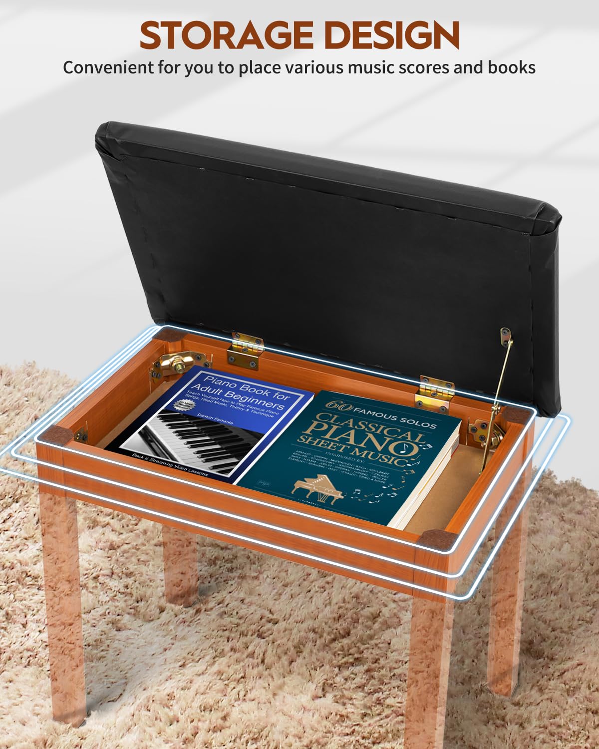 STRICH Piano Bench with Storage, Solid Wood Keyboard Bench Piano Bookcase Stool Chair Seat with Padded Cushion, Mahogany Color