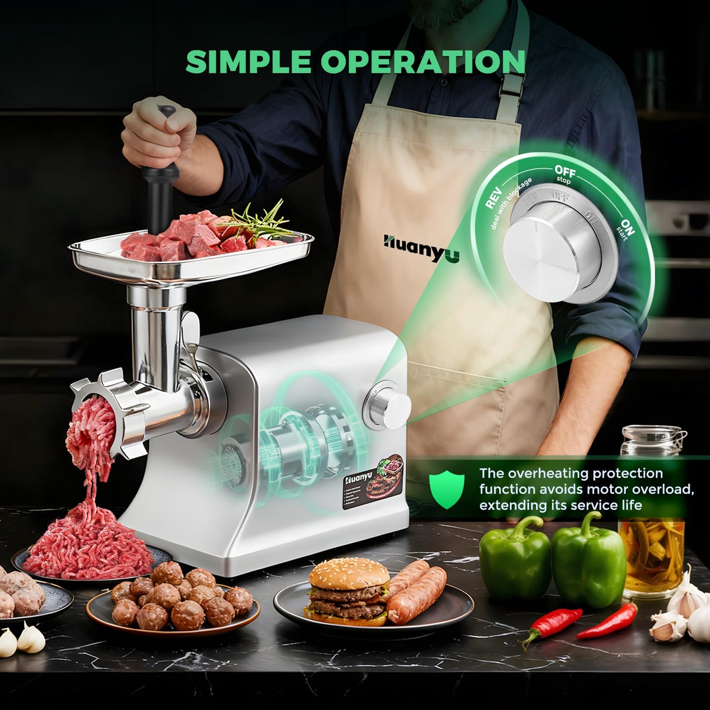 Huanyu Electric Meat Grinder Sausage Maker Machine 2800W Max Heavy Duty with Stainless Steel Blade&3 Grinding Plates, Sausage Stuffer Tubes & Kubbe Kit for Home Kitchen Using