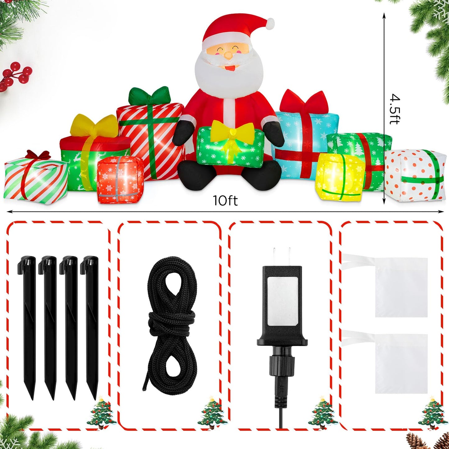 10 Ft Long Christmas Inflatable Santa Claus Giant Gift Boxes with LED Lights Santa Claus Gift Inflatable Decoration Built in Automatic Blowers for Xmas Outdoor Indoor Yard Garden