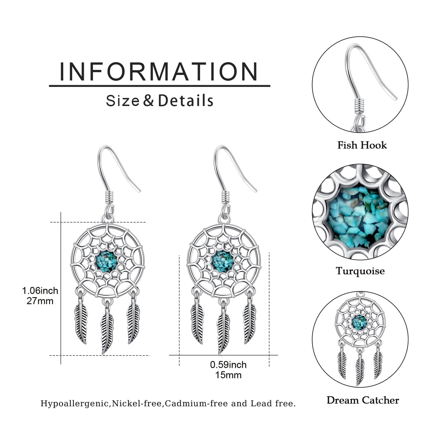 KoyeKei Dream Catcher Earrings 925 Sterling Silver Turquoise Dreamcatcher Feather Dangle Drop Earrings Western Boho Jewelry Country Christmas Gifts for Women