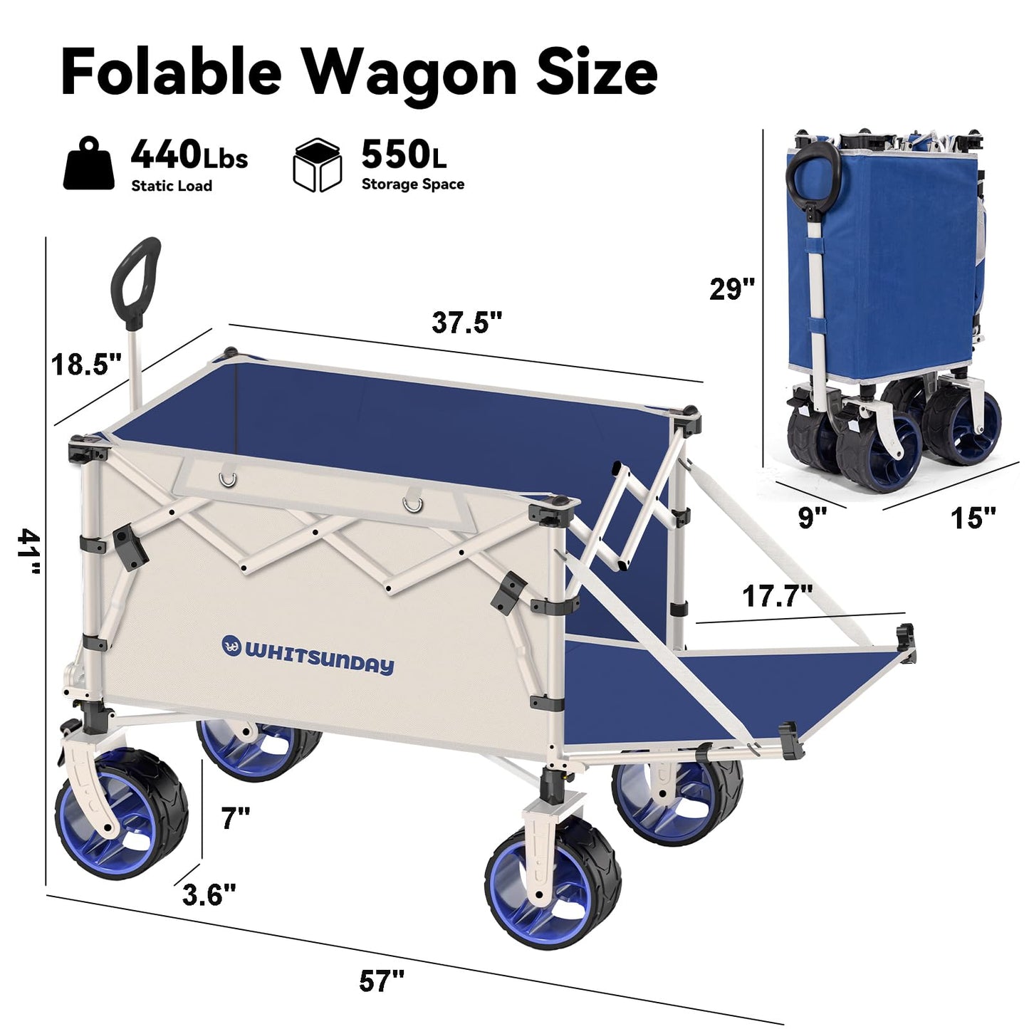 Whitsunday 400L Collapsible Wagon with Tailgate, Folding Heavy Duty Wagon with All-Terrain Big Wheels for Camping,Garden,Beach Max Size Blue