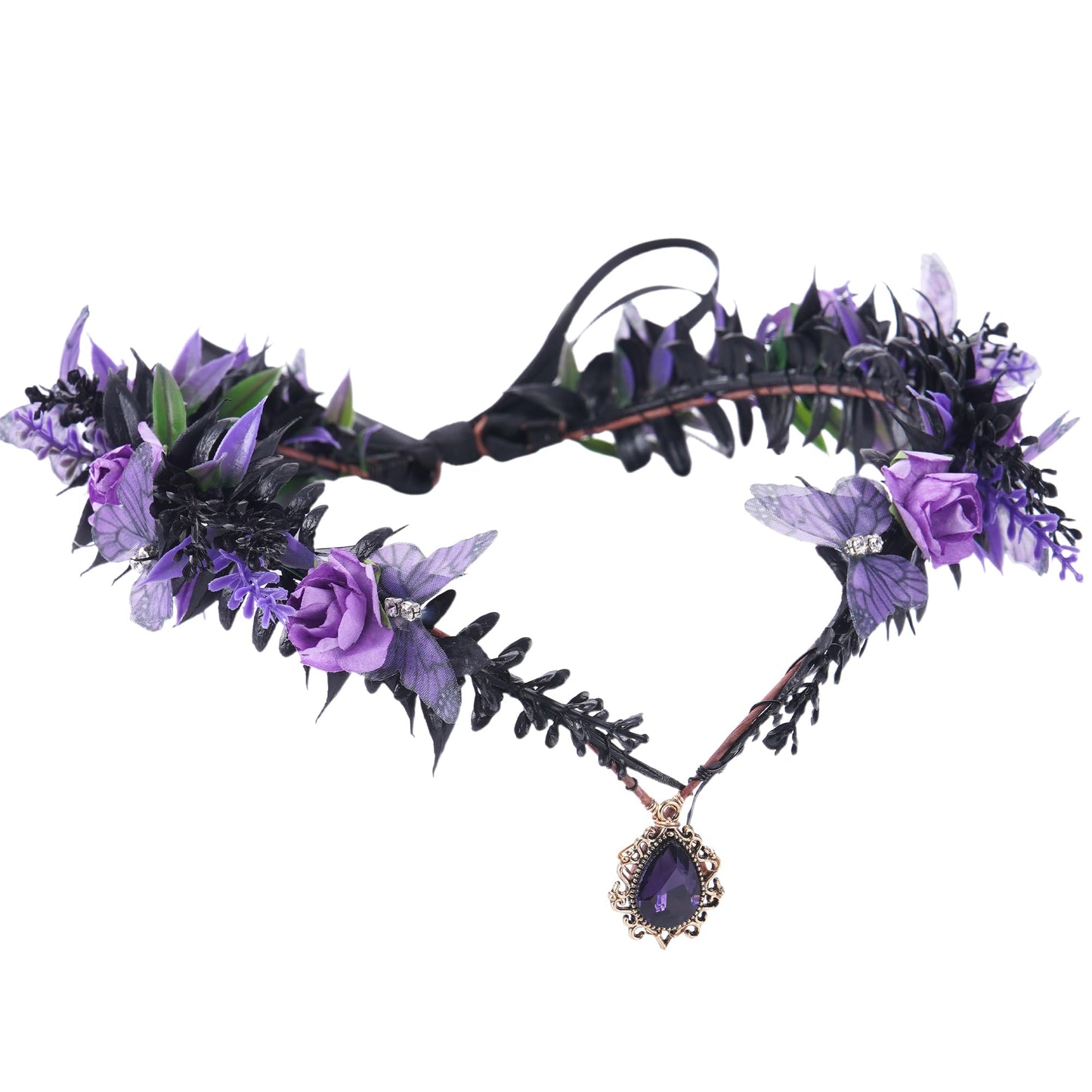 MOSTORY Gothic Butterfly Elf Crown - Dark Purple Flower Crown for Witch Accessories Women, Black Fairy Wings Circlet for Renaissance Renfaire Fantasy Cosplay Witchcore Halloween