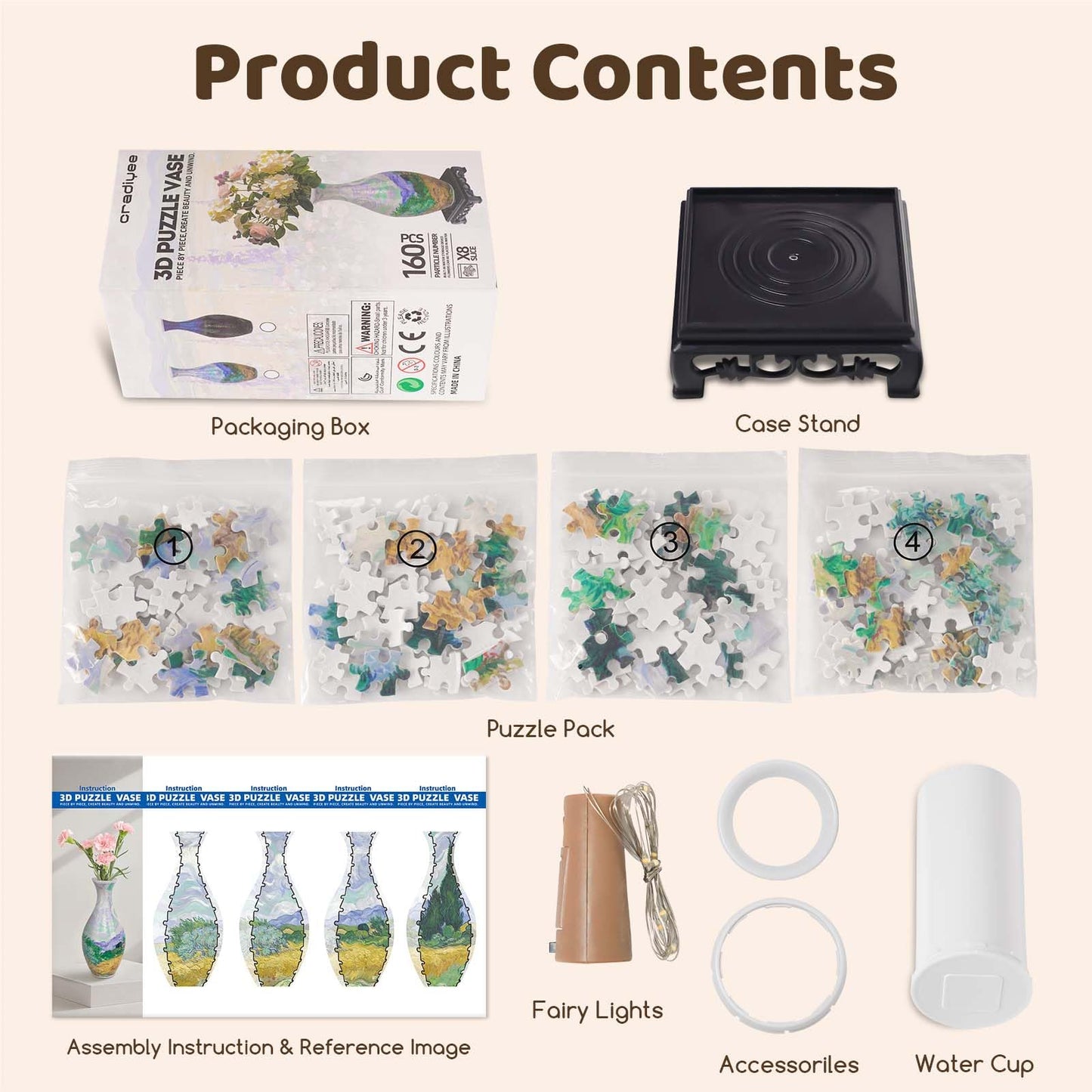 3D Puzzles Vase for Adults with LED Light, 160 Pcs Unique Plastic Flower Vase Puzzle,Crafts for Adults,DIY House Warming Gifts for Flower Arrangements and Home Decor (Wheat Field)