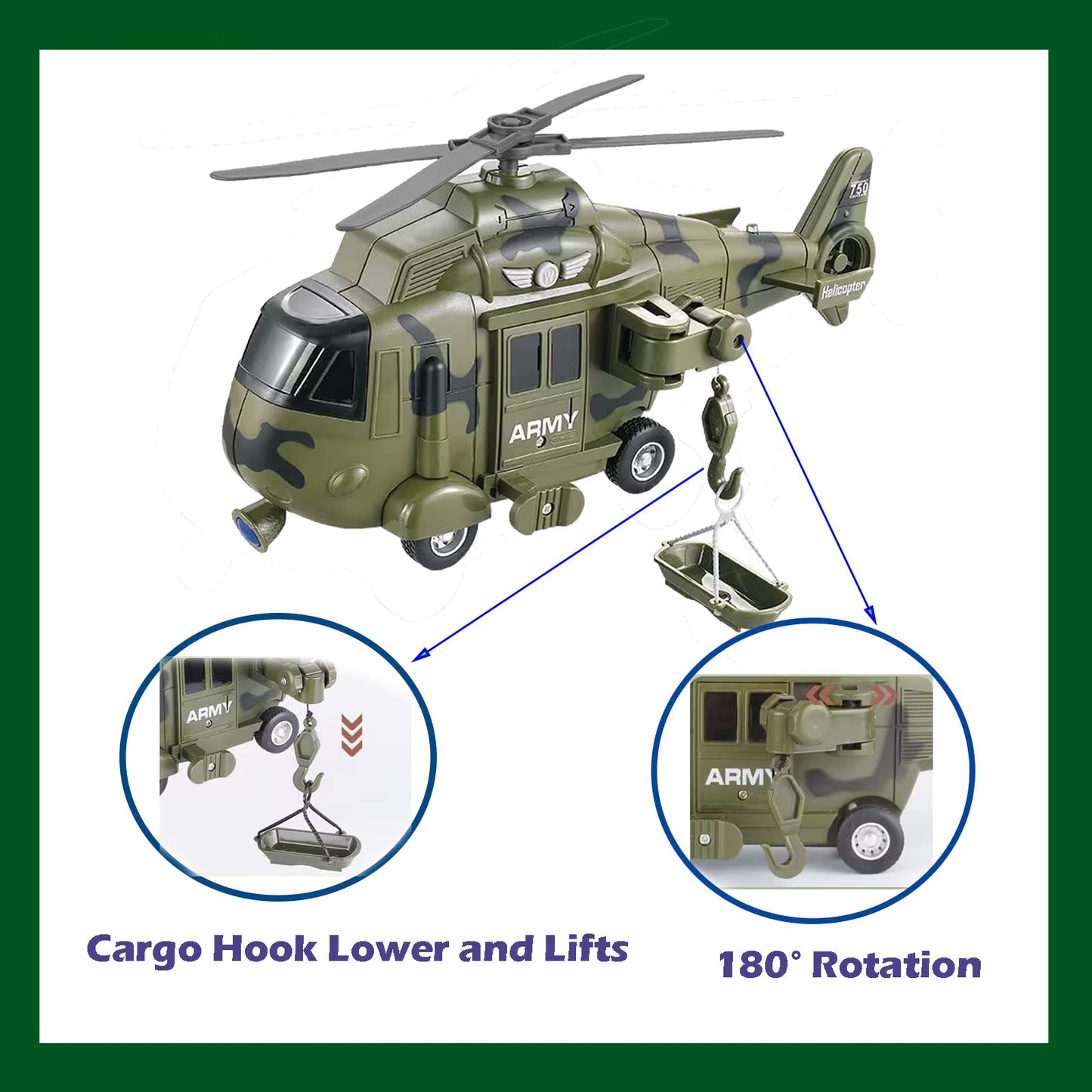 OCCAFY Military Helicopter Toy with Lights and Sound Sirens,Friction Powered Boys Army Toys,Rescue Vehicles Toys for Kids Aged 3 and Up,Best Toddler Kids Boys Gifts