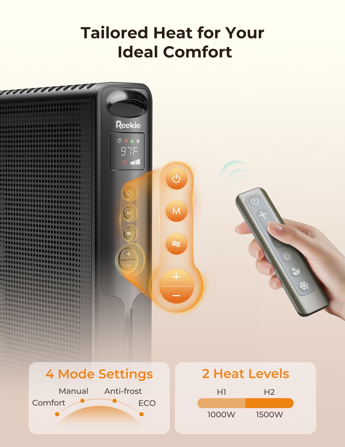 Reekie Convection Panel Space Heater, 1500W Electric Mica Infrared Heaters for Indoor Use Large Room Heater with Smart Thermostat, Remote, 24h Timer, Quite Whole Room Heater for Bedroom Office Garage