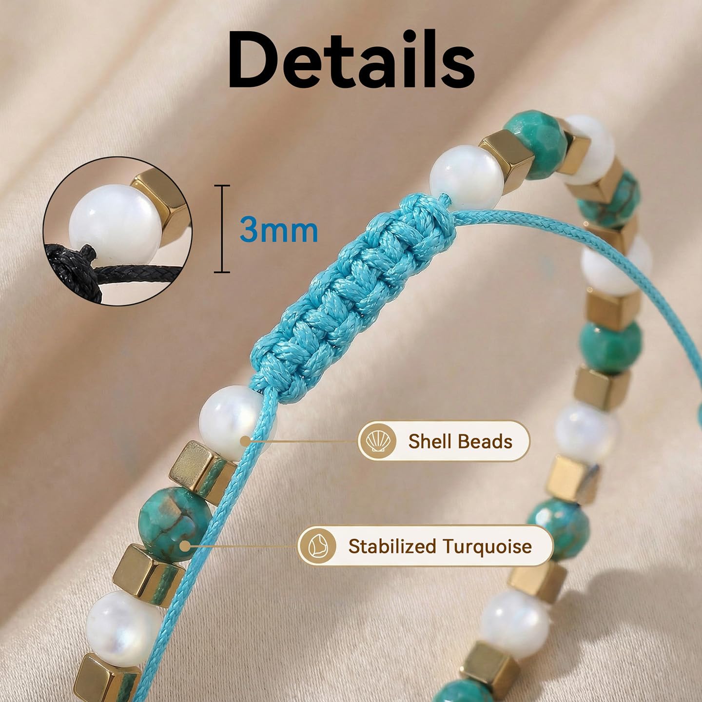 BEADSENER Stabilized Turquoise Adjustable Charming Bracelet for Women, 3mm Natural Shell Gemstone Hematite Stone Beads, Pull String Slider Metal Free Design Waterproof, Gift for Her Daily Wear