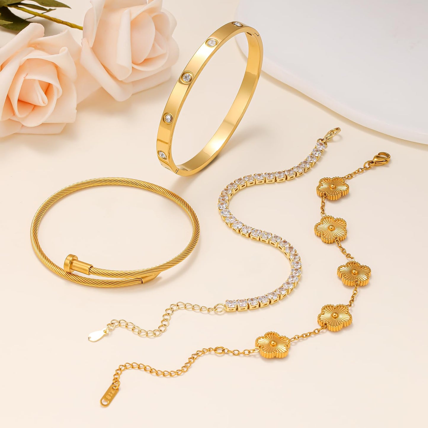 Gold Bracelets for Women, 18K Gold Plated Women Tennis Bracelets Clover Nail Love Bangle Bracelet Set, Gold Bracelet Stackable Set Trendy Jewelry, Gifts for Women's Day and Mother's Day (06-Color-gold)