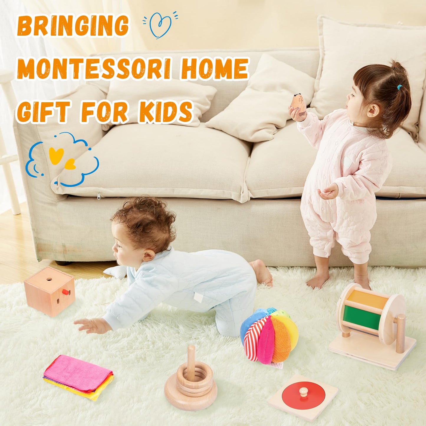 Adena Montessori Play Kit for 5-6 Months Baby,8 in 1 Learning Educational Toys for Toddler,Include Rainbow Spining Drum,Mirror Puzzle,Baby Tissue Box and More,Christmas Birthday Gift for Boys Girl