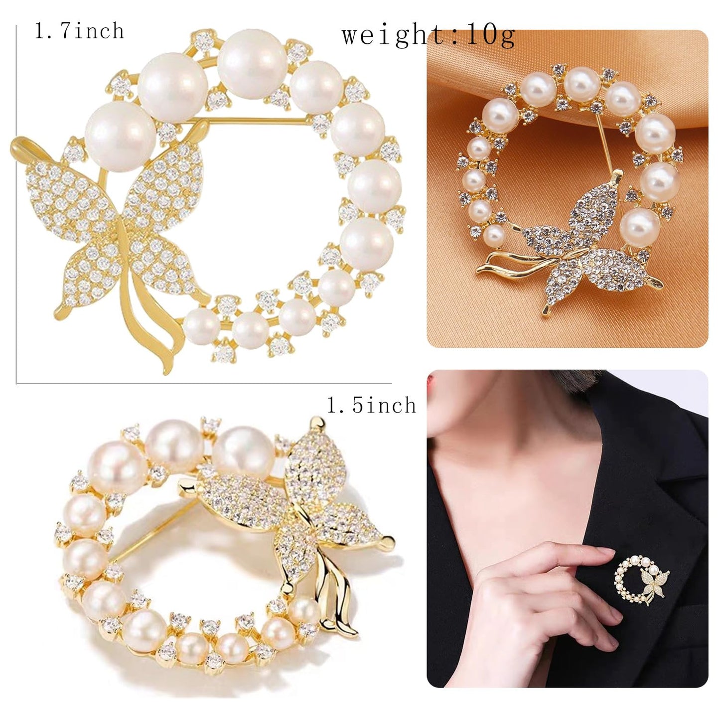 Gold Butterfly Wreath Flower Crystal Brooches Pins Fashion Beautiful Created Rhinestone Pearl Floral Brooch Good Idea for Party Dance Wedding Banquet for Elegant Women Girl (Butterfly Pearl)