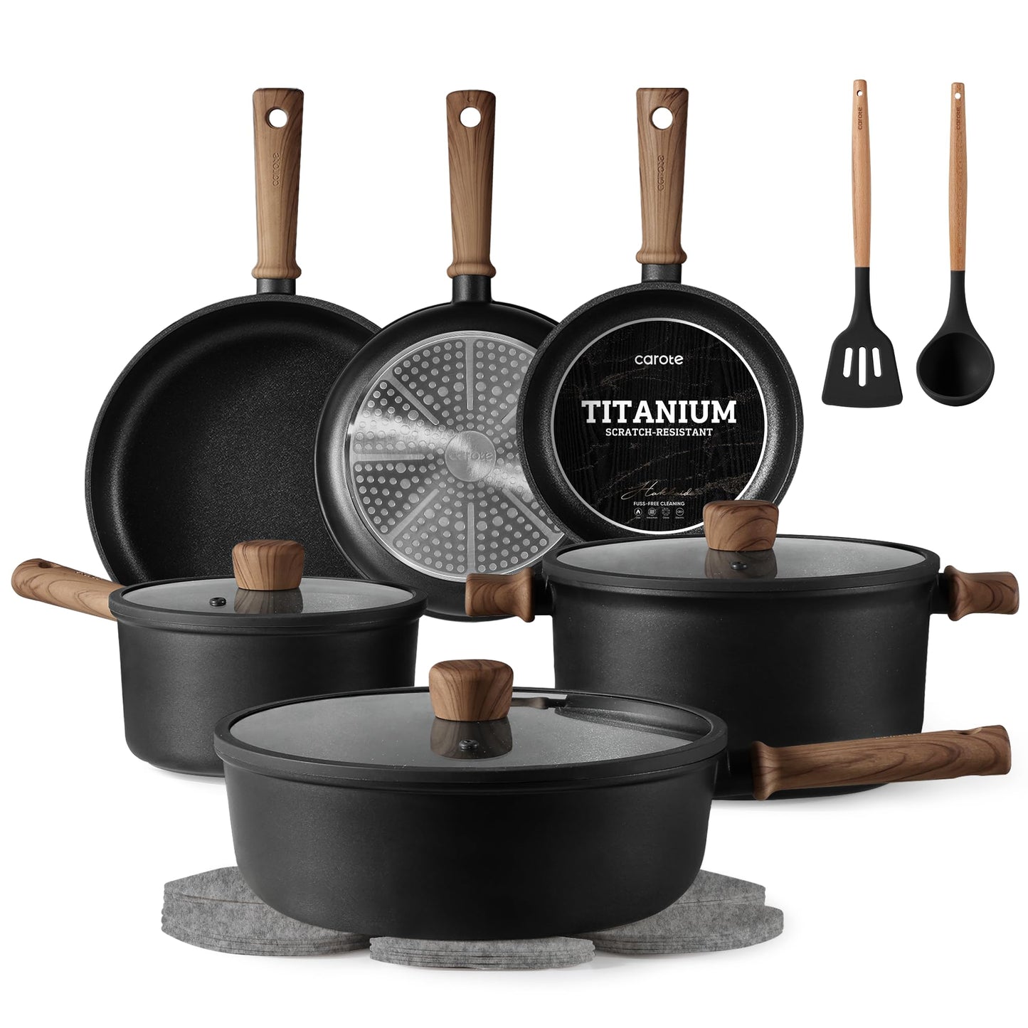 CAROTE Nonstick Pots and Pans, Induction Titanium Cookware Set 16pcs Kitchen Cooking Sets, Pot and Pan Non Stick w/Frying pan (PFOS, PFOA Free)