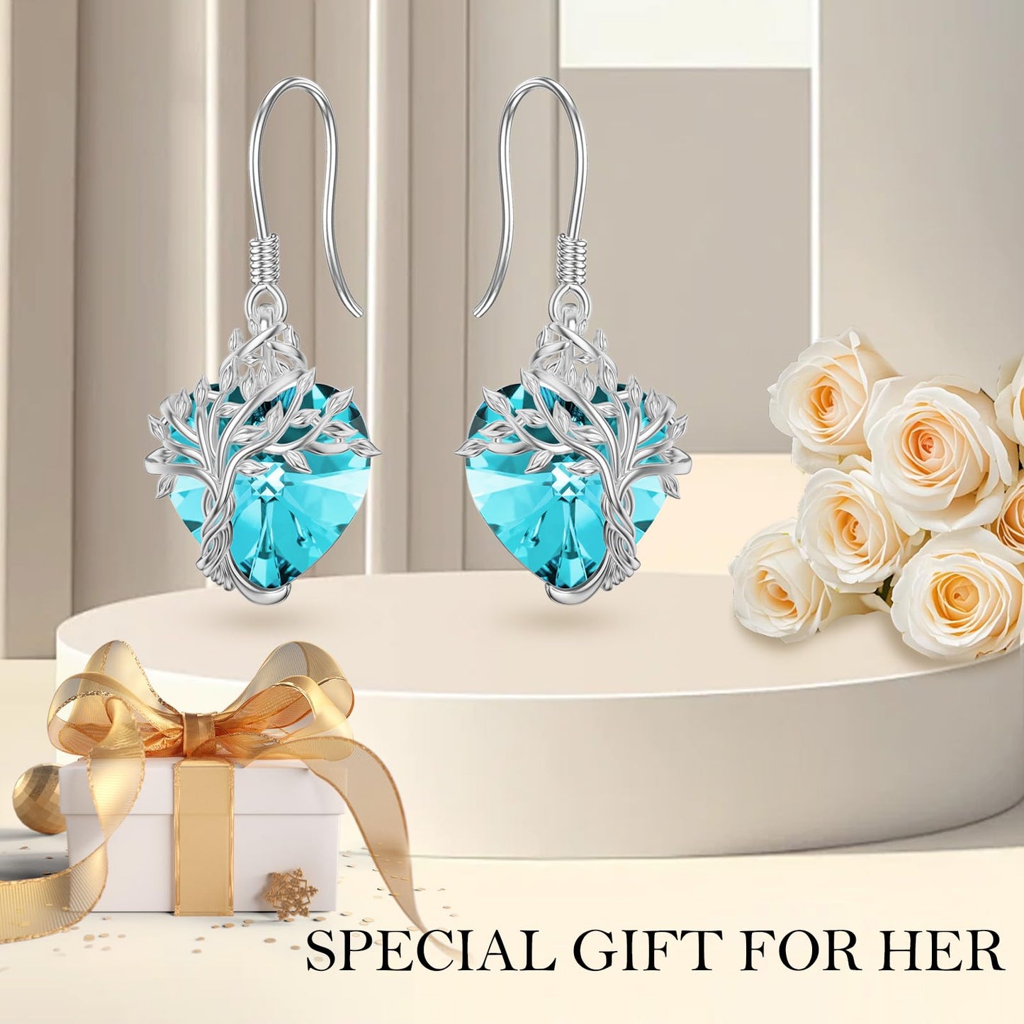 TOUPOP Heart Aquamarine March Birthstone Earrings Sterling Silver Tree of Life Earrings Blue Crystal Jewelry Birthday Mothers Day Gifts for Women Mom Her