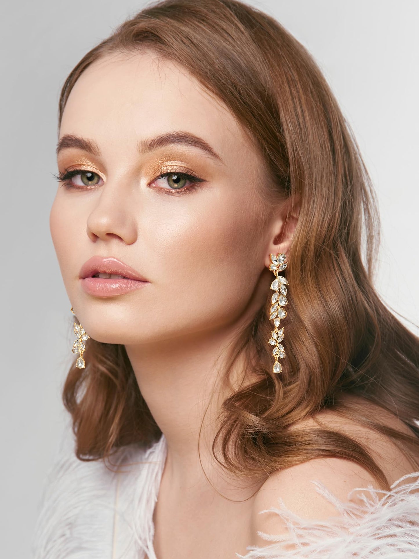 SWEETV Long Gold Rhinestone Dangle Earrings for Women, Wedding Bridal Earrings for Brides, Crystal Chandelier Drop Earrings for Prom or Pageant