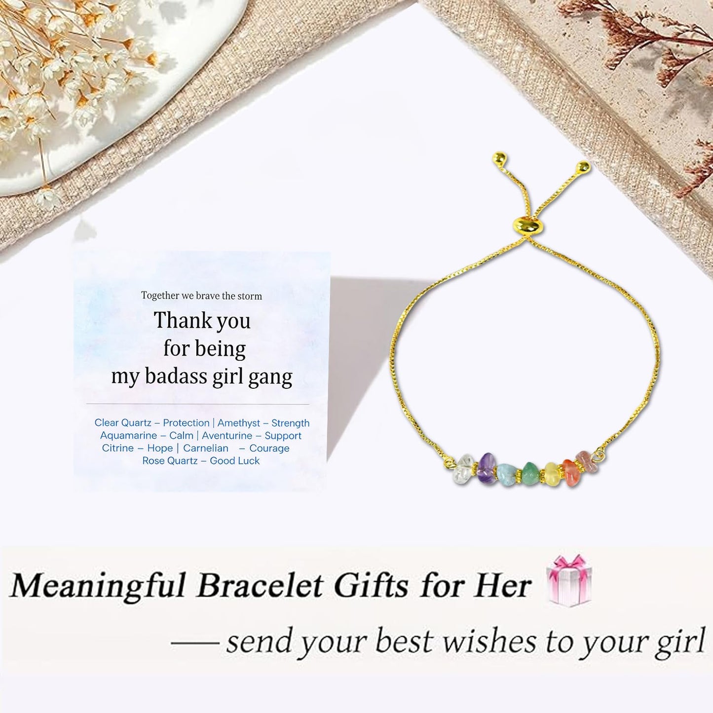 Women Gang Spell Raw Crystal Bracelet,Natural Gemstone 7 Chakra Healing Crystal Bracelets Adjustable 14K Gold Plated Spiritual Beaded Bracelet for Birthday,Christmas, Friends Coworkers Daughter (Gold)