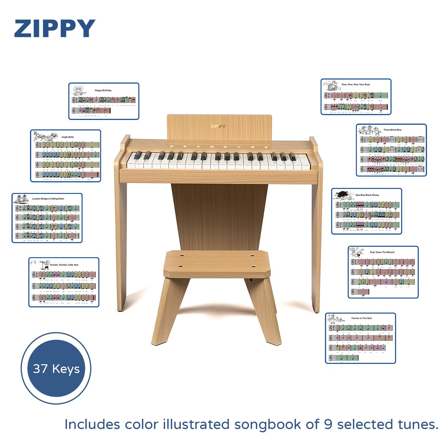 ZIPPY Kids Piano Keyboard, 37 Keys Digital Piano for Kids, Touch Sensitive Control Panel, Built-in Songs, Volume Adjustable, Music Educational Instrument, Wood Piano for 3+ Girls and Boys (Oak Plus)
