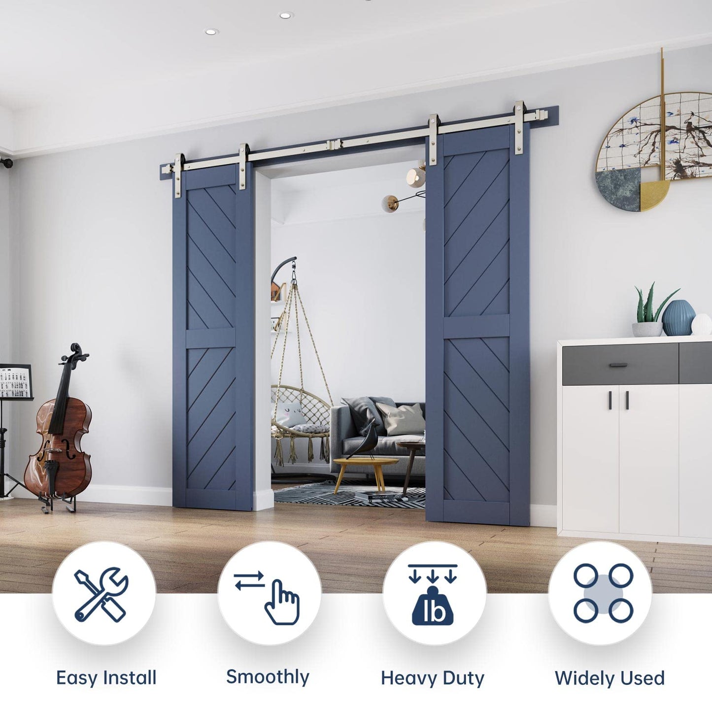 EaseLife 8 FT Brushed Nickel Double Sliding Barn Door Hardware Track Kit,Basic J Pulley,Heavy Duty,Slide Smoothly Quietly,Easy Install (8FT Track Kit for Double 24" Wide Door)