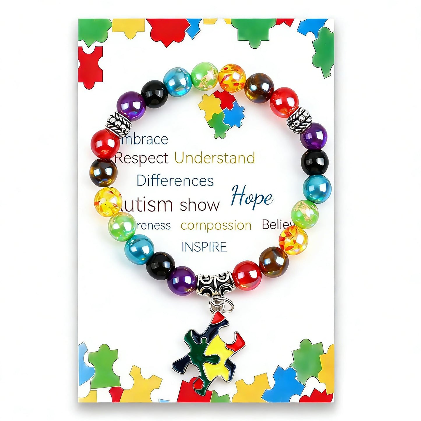 CLOORDE Autism Awareness Bracelet for Women Men 7 Chakra Gemstone Autism Acceptance Beaded Bracelet Heart Puzzle Piece Charm Bracelets Natural Stone Healing Stretch Bracelets Jewelry Gifts