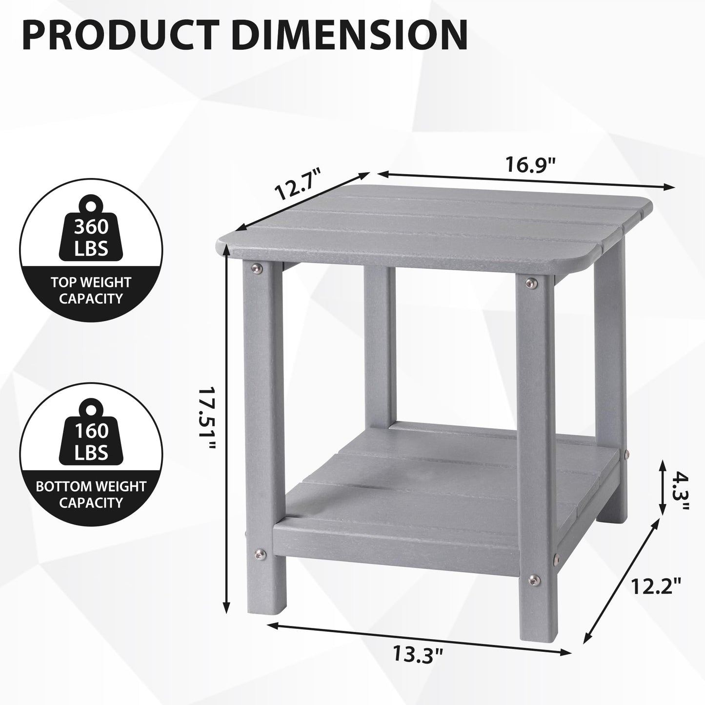 Sundale Outdoor 18" Small Side Table, Patio HDPE All Weather Small Adirondack End Table Water Resistant 2 Tier Rectangular Outside Table for Pool, Garden, Beach, Grey