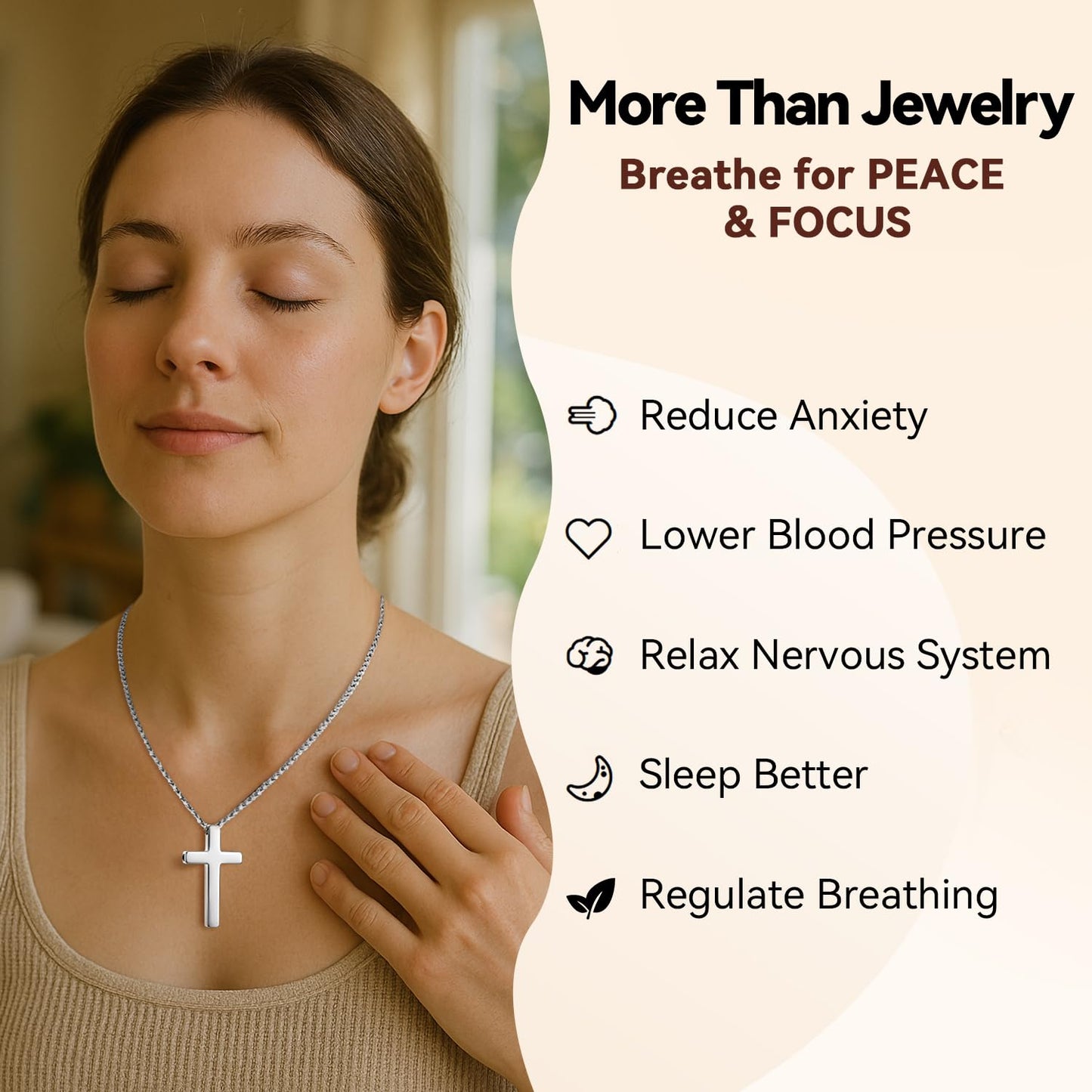 FUNPAR Cross Breathing Necklace for Anxiety Relief and Relaxation, Breathlink Design Quit Smoking Aid, Stainless Steel Mindfulness Tool to Calm, Stylish Wellness Gift for Adults(Silver 4:6)