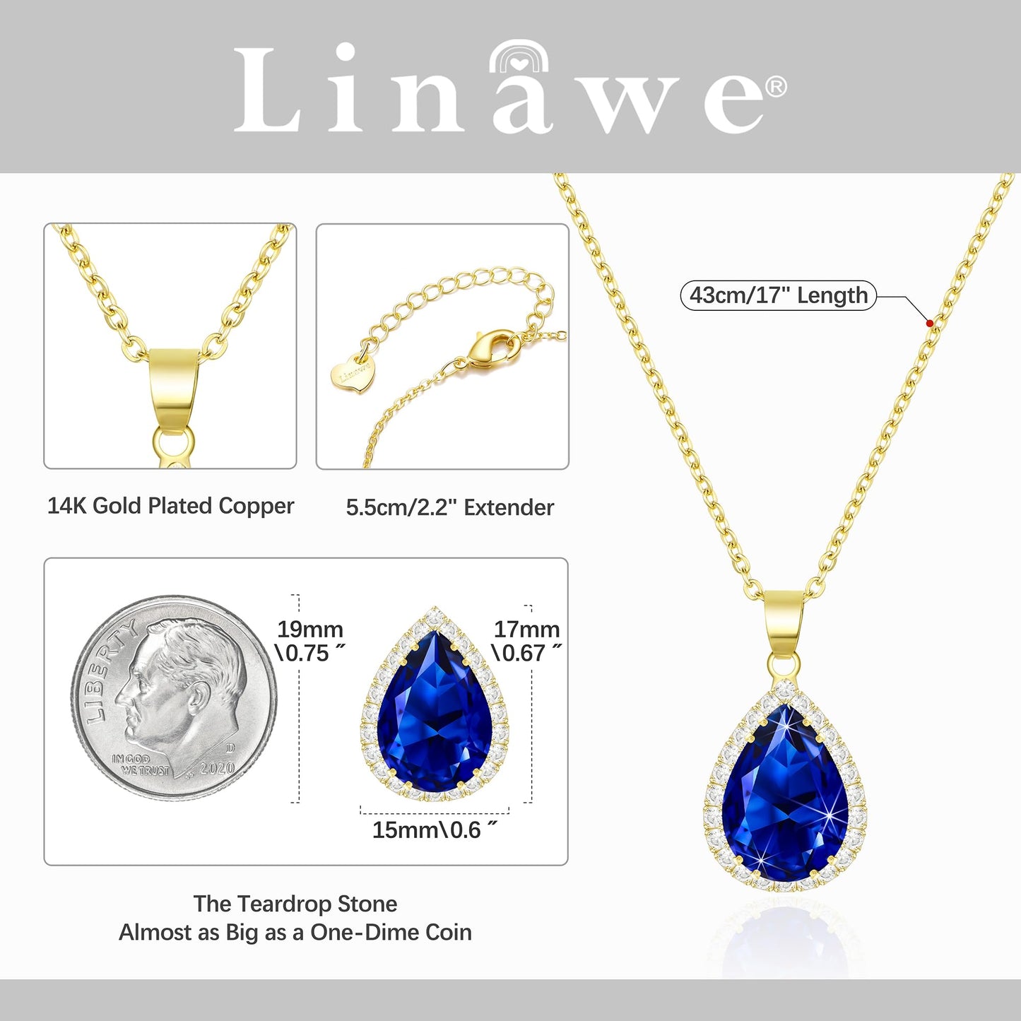 Linawe Sapphire Crystal Navy Blue Imitation Diamond Pendant Necklace for Women Trendy, Dainty Moonstone Moissanite Boho Wedding Bride Preppy Jewelry Set 14K Gold
