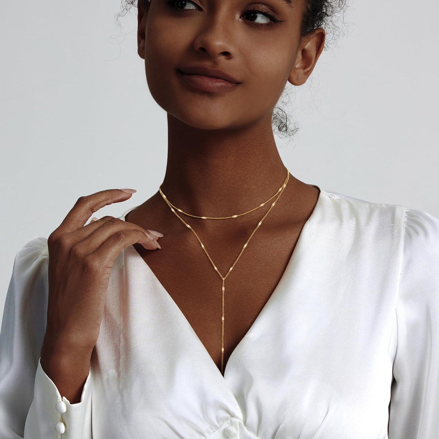 HERIER Layered Gold Necklace for Women Dainty 14K Gold Plated Long Necklace Y-Shaped Drop Chain Necklaces Trendy Simple Jewelry for Women Gifts