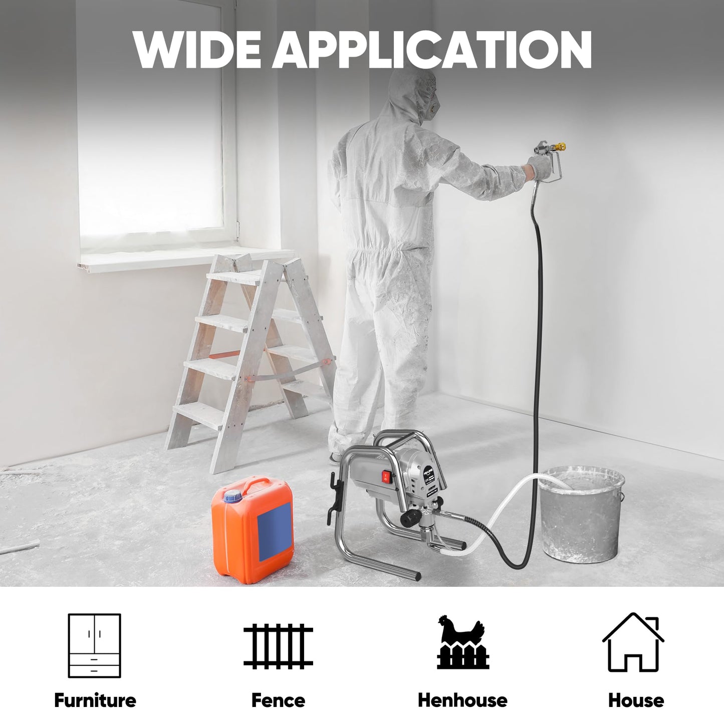 POXURIO 1200W Airless Paint Sprayer, 3300PSI High Efficiency Paint Sprayer Gun, Thinning-Free, with Extension Rod, Stand Airless Sprayer for Home Exterior and Interior, Garage, Deck, Furniture