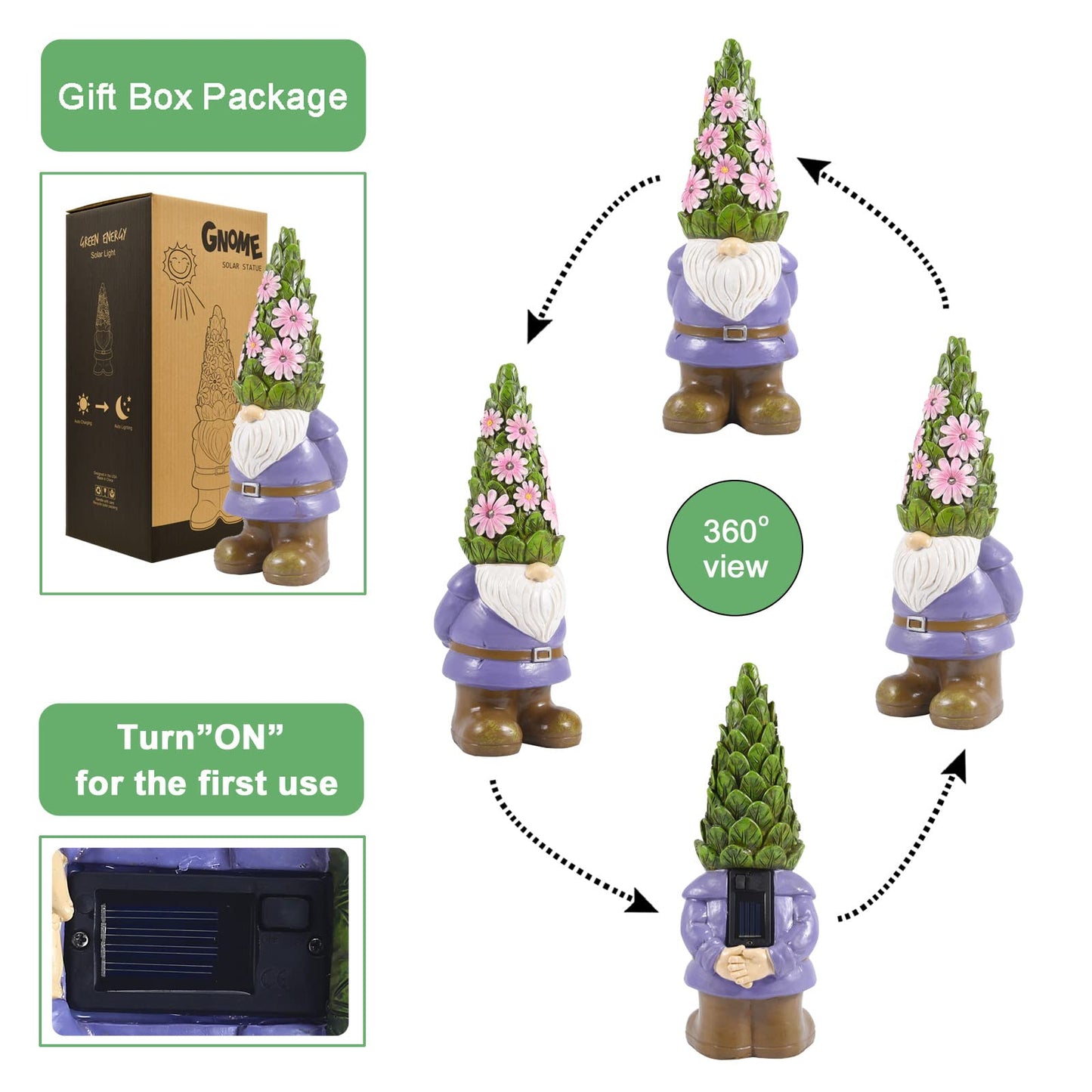 Nacome Solar Garden Outdoor Statues Gnome with Succulent and 7 LED Lights - Lawn Decor for Patio, Balcony, Yard Ornament for Mom Grandma Women