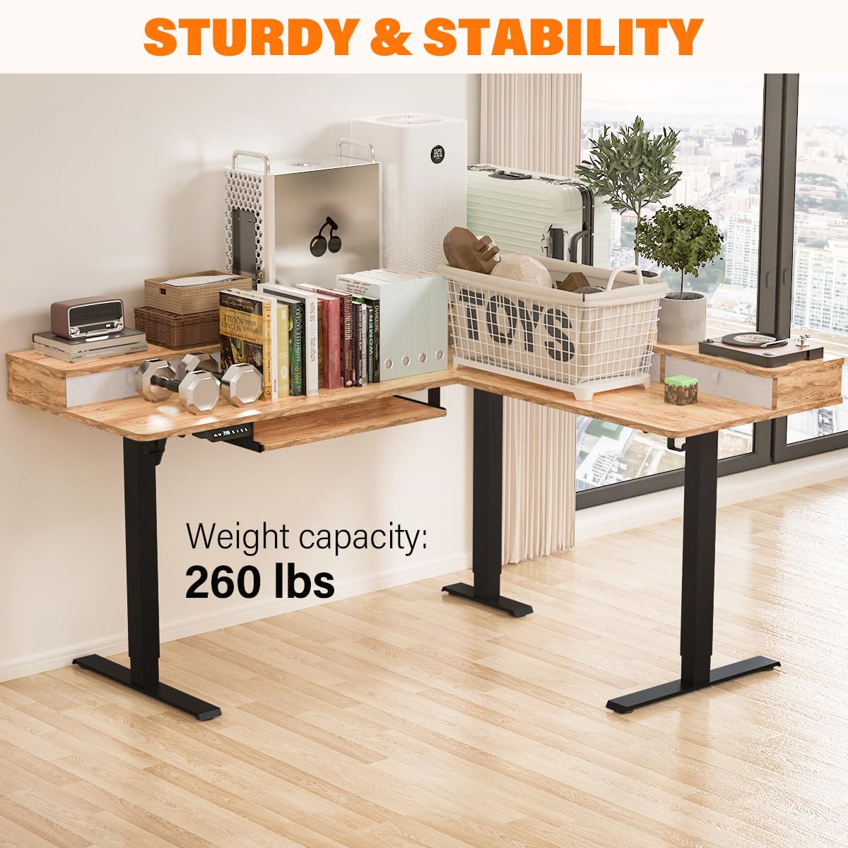 Kingant L-Shaped Standing Desk with Drawers, 63 x 55 Inch Large Adjustable Corner Desk with Charging Station & Keyboard Tray, Electric Sit Stand Up Computer Desk for Home Office(Light Rustic Brown)