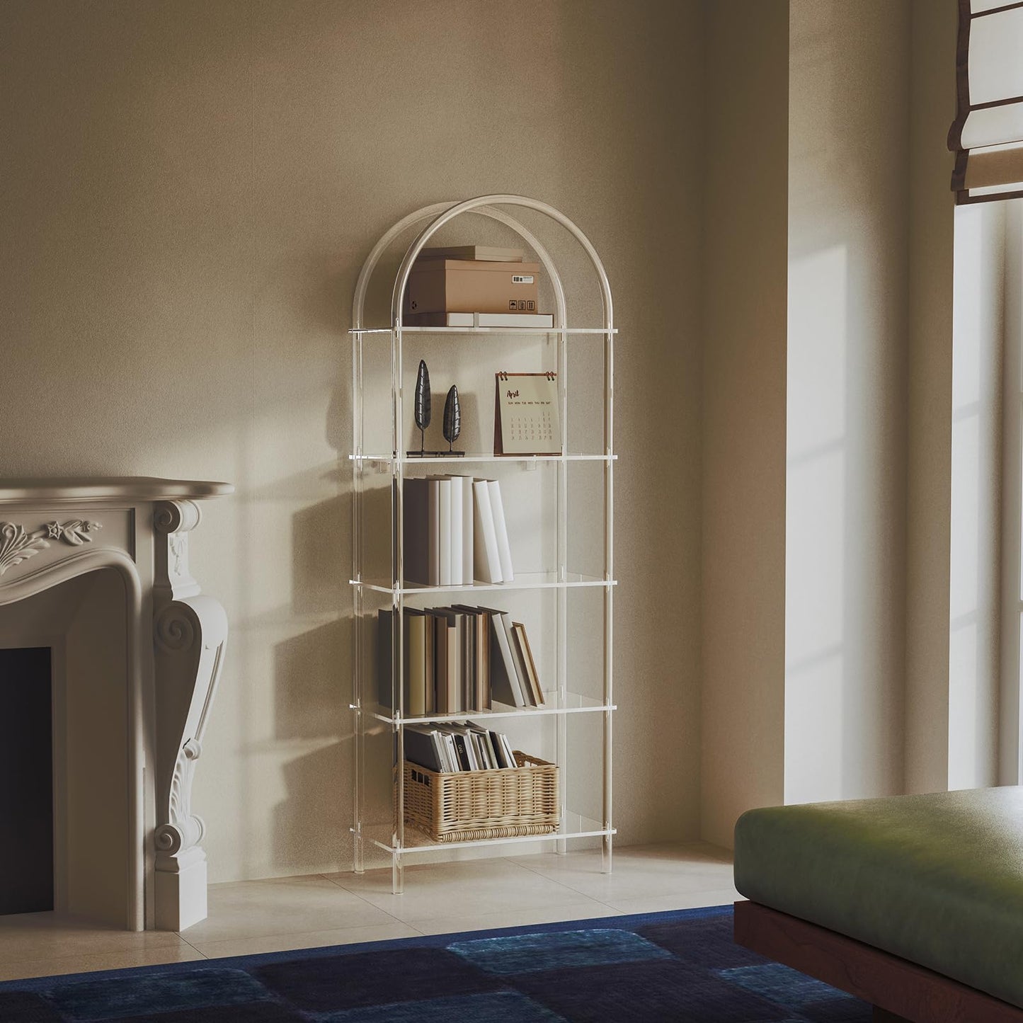 CRTERICX Acrylic Arched Bookshelf, 5-Tier Clear Bookcase, Modern Open Book Shelves for Home Office, Bedroom, Living Room, 11.8" D x 23.64" W x 65.7" H