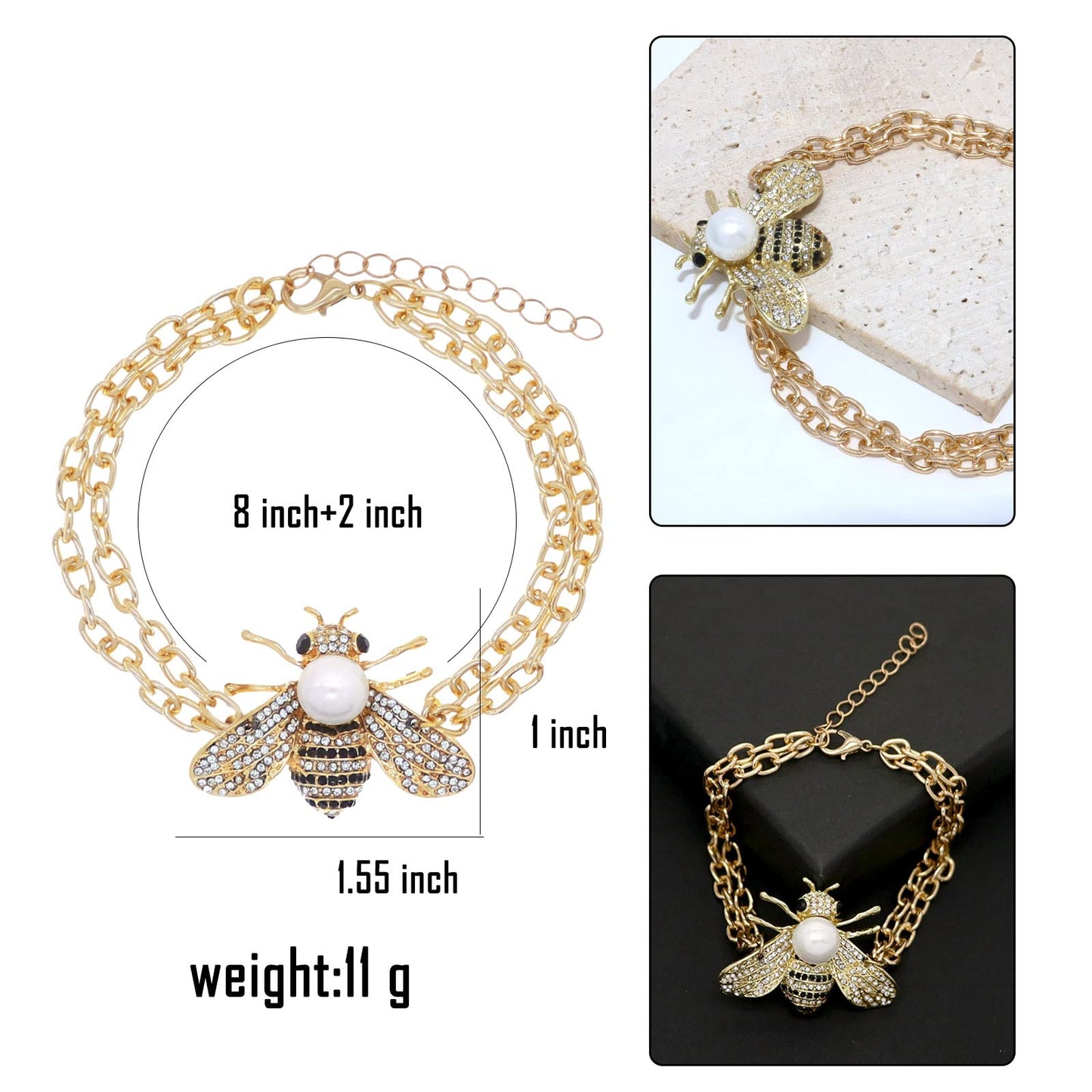 Honey Bee Turquoise Beaded Bracelet Crystal Insect Themed Bee Chain Link Bracelets Animal Fashion Shell Pearl Elastic Bracelets Gold Tone (White Pearl Chain)