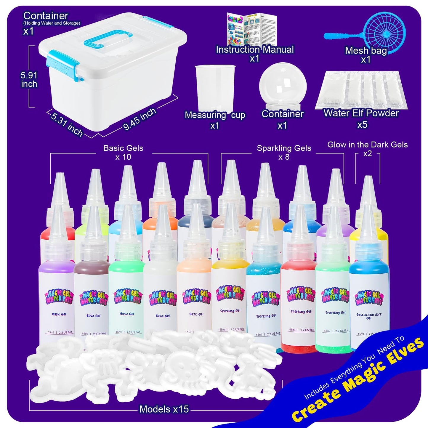 Upgraded Magic Water Elf Toy Kit, 20 Gels & 15 Molds, Craft & Art Kits for Kids Girls Boys Age 3 4 5 6 7 8 9 10 11 year old, Aqua Fairy Make Your Own Water Pets Squishy Maker Birthday Gift Party Favor