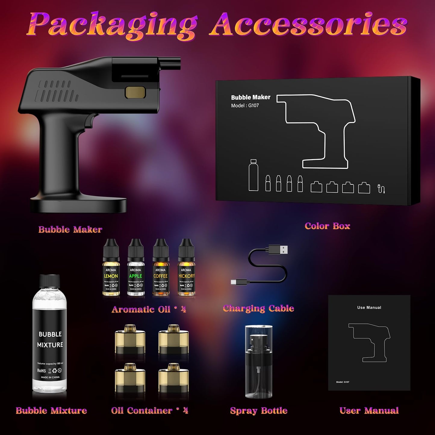 Electric Cocktail Smoke Bubble Gun Kit - Aroma Blaster with 4 Flavor Oils & Edible Bubbles | 5000mAh Rechargeable, Color Screen | Smoker for Whiskey, Food, Drinks | Great Gift for Dad, Men, Bartender