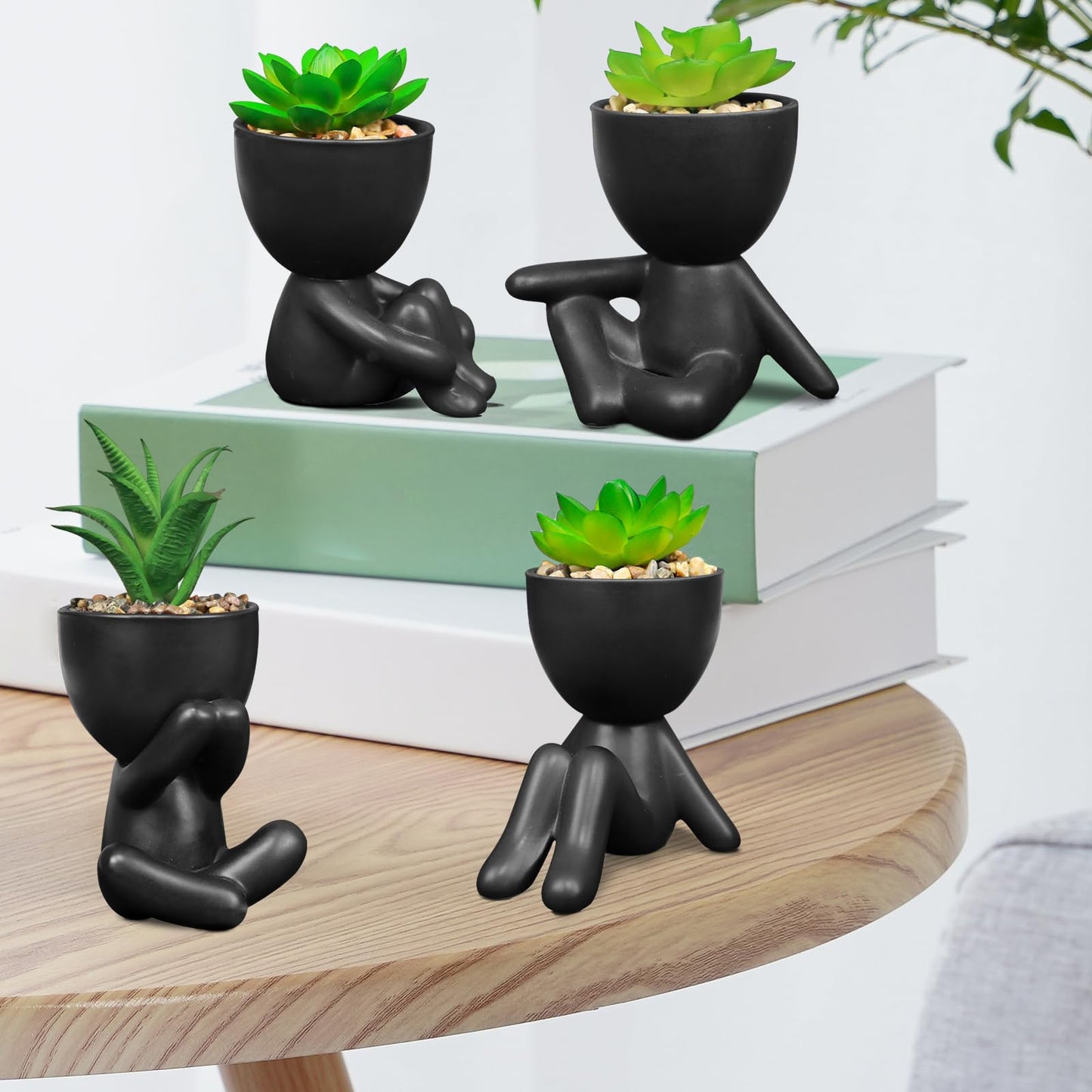 SEMSOIIO Pack of 4 Cute Artificial Succulent Plants in Human Shaped Pots, Funny Desk Decor for Office Women Men, Aesthetic Room Decor, Small Fake Plants for Shelf Bathroom Home Office Gifts (Black)
