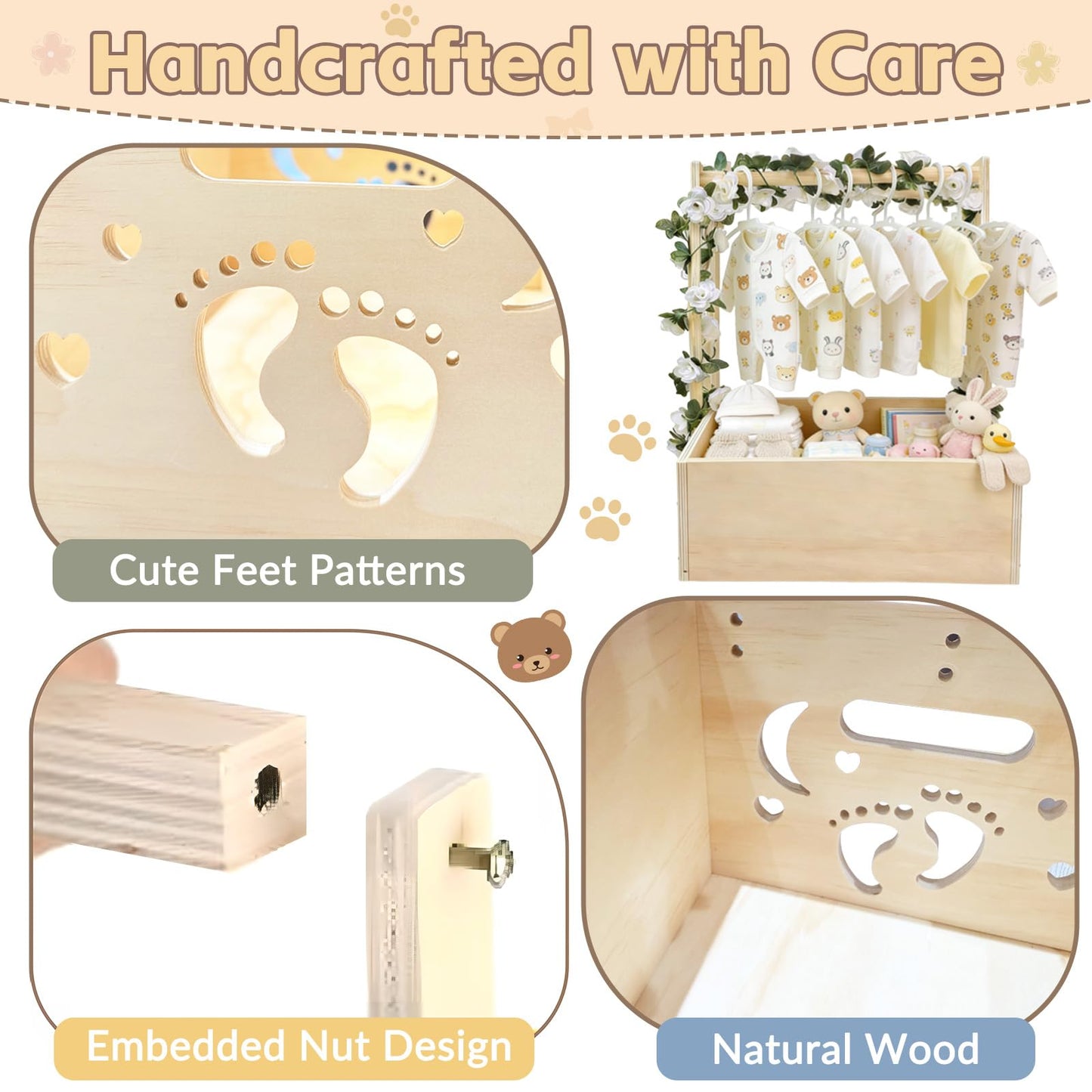 DWETG Wooden Baby Shower Crate – Personalized Baby Gift Basket for Newborn Boy & Girl, Baby Closet Organizer with Handle, Keepsake Storage Box for New Mom & Parents