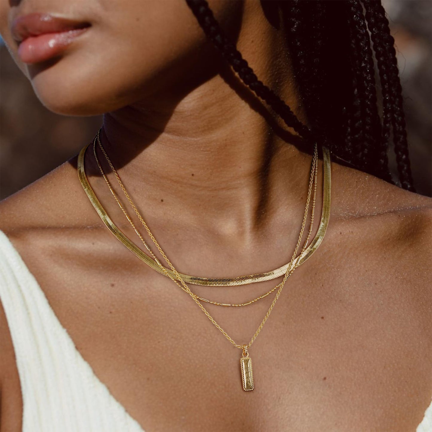 YOIHUR Layered Gold Necklaces for Women,14K Gold Plated Beading Snake Chain Necklace Trendy Layering Rectangular Pendant Twisted Rope Necklace Set Jewelry for Women
