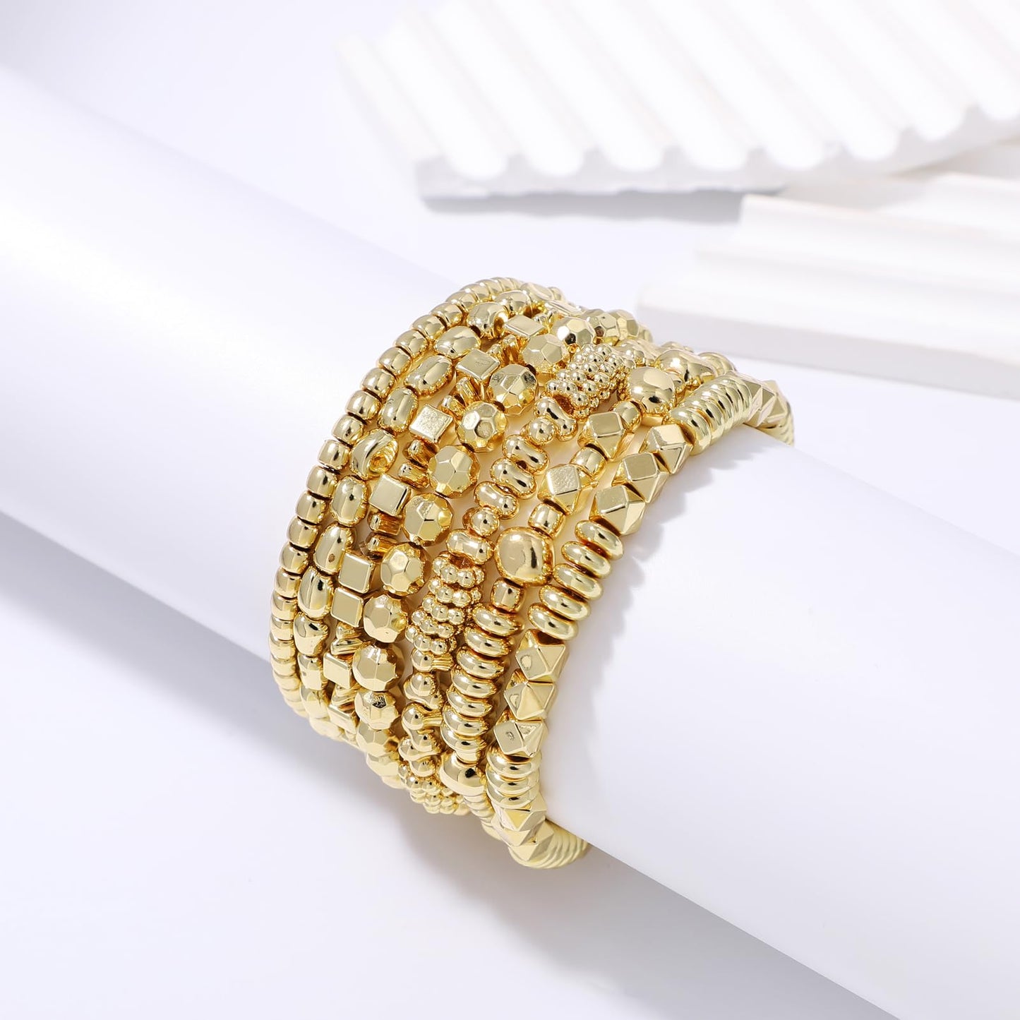 Sajidos Gold Plated Beaded Bracelets for Women Trendy, 14K Gold Plated Stack Cross Pearl Gold Plated Bead Stretch Bracelets Set Elastic Hypoallergenic Bracelets Jewelry Gifts