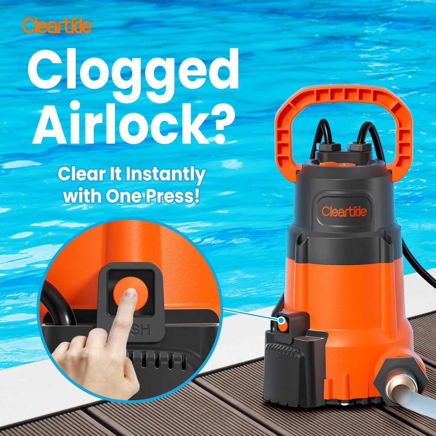 Cleartide 1/3 HP Submersible Utility Pump, 2790 GPH High Flow, Thermoplastic Portable Sump Pump with Auto Water Sensor, Ideal for Pool, Flooded Basement, Hot Tub, Pond & Garden Draining,10 FT Cord