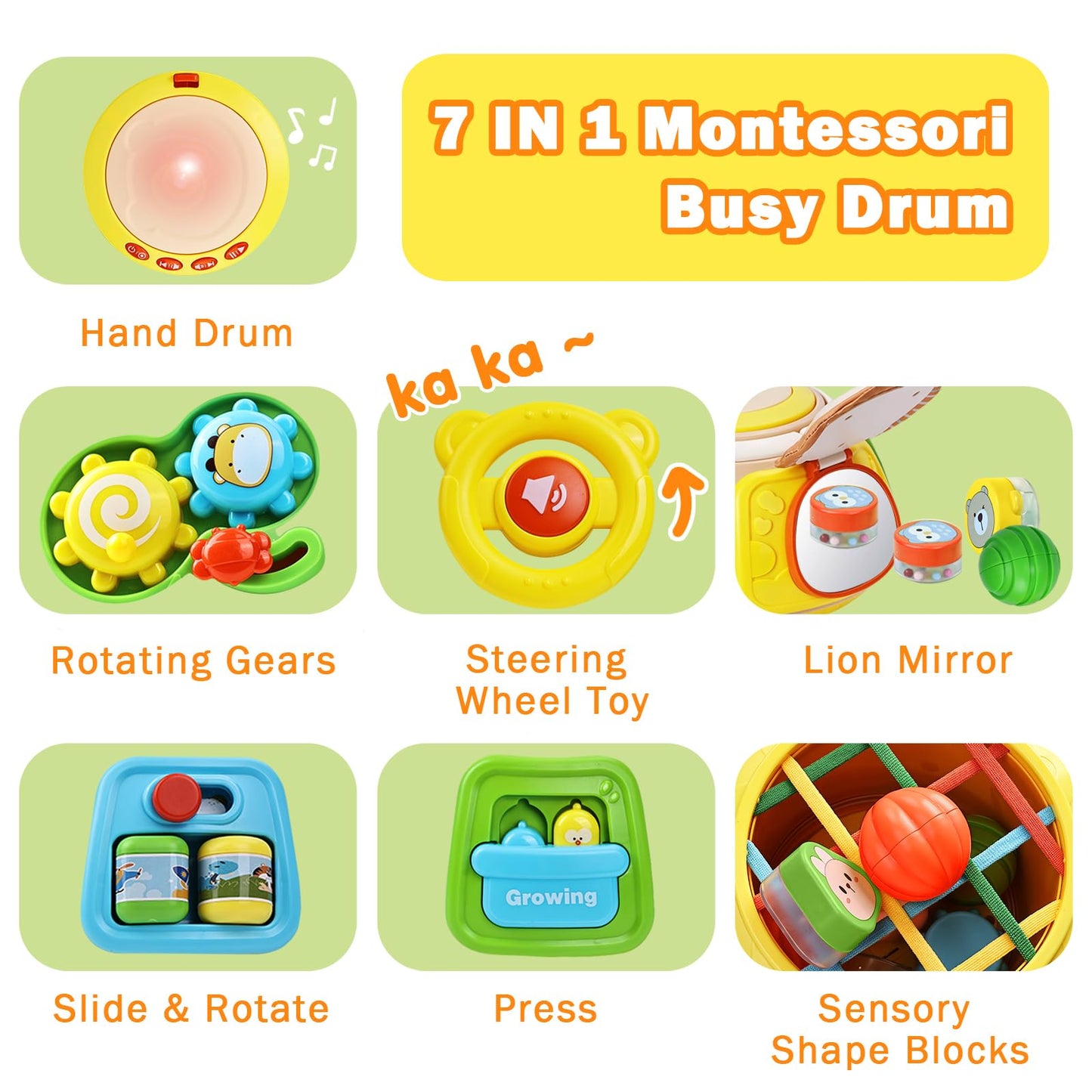 7-in-1 Activity Cube Drum Montessori Toys for Baby 18+ Months, Busy Toys for Toddlers with 9 Sensory Shape Blocks, Music & Light Educational Toys Christmas Birthday Gifts for Kids Boys Girls
