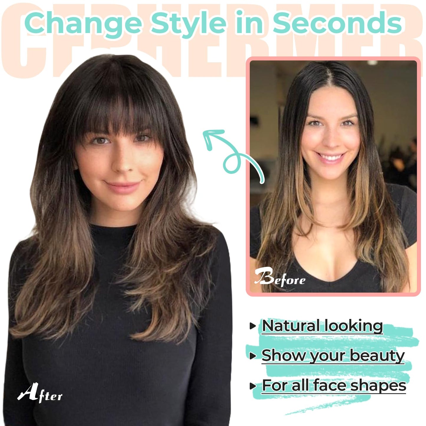 Cephermer Clip in Bangs, Synthetic French Bangs Hair Clip, Fake Bangs Fringe with Temples Hairpieces for Women Natural Curved Hair Extensions for Daily Wear Natural Black