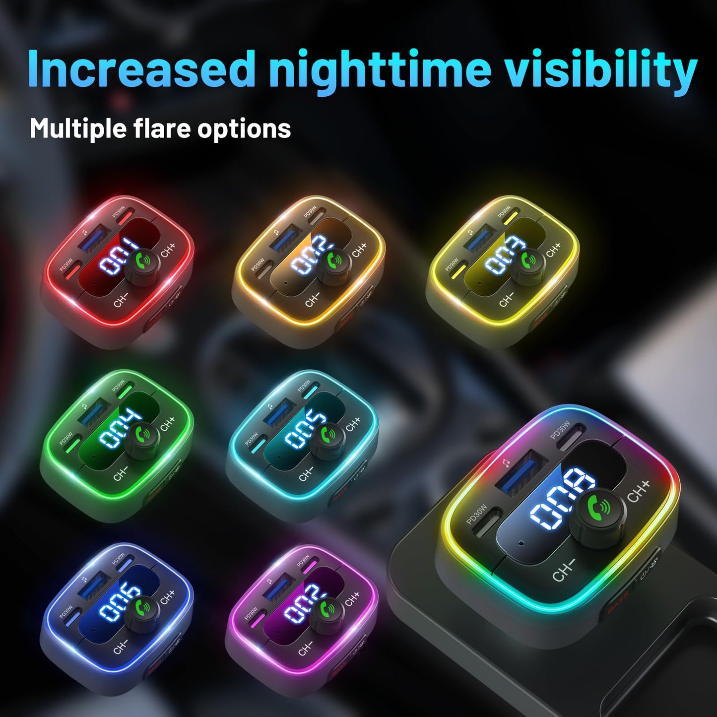 HUNDRUP Bluetooth 5.4 Car Adapter 60W Charging USB Bluetooth Adapter for Car,Wireless Fm Transmitter Radio,Handsfree Calling and Audio Receiver,HiFi Music Player,7 Colors LED Backlit