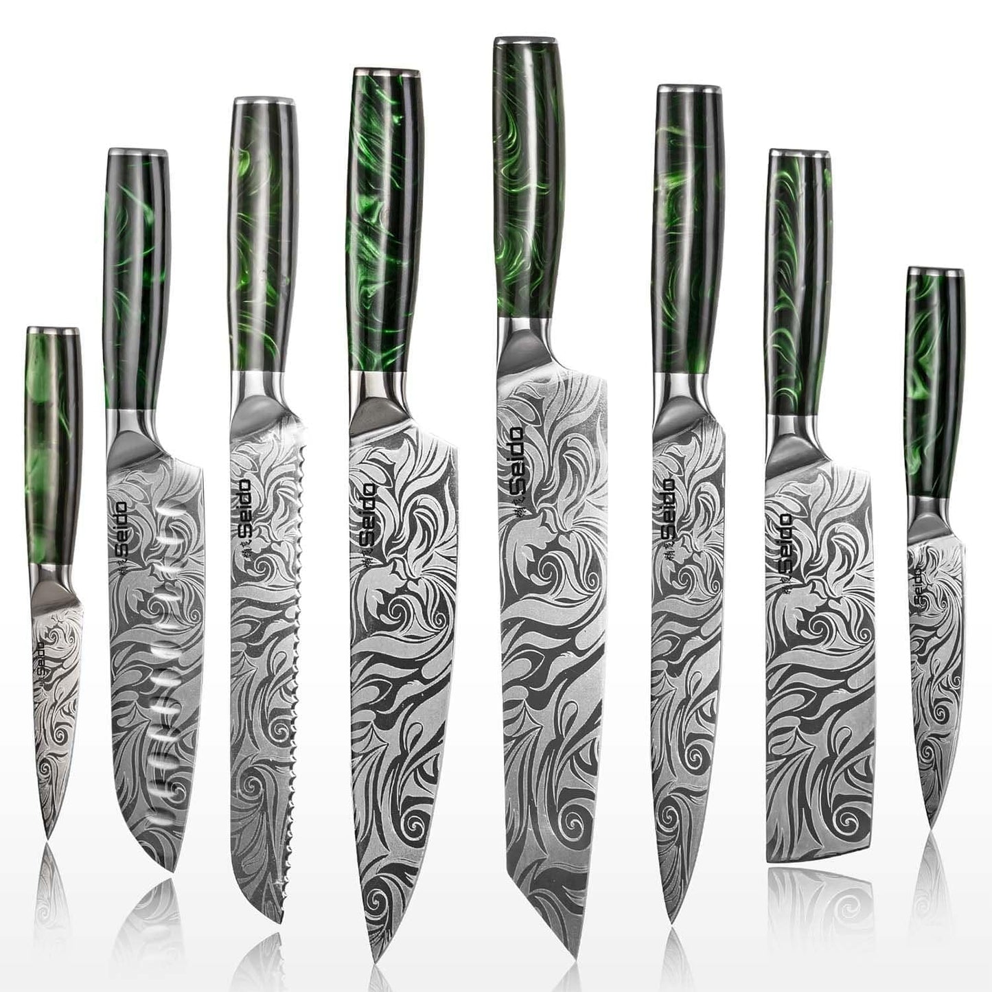 Seido Knives Tengoku Green 8-Piece Chef Knife Set – High-Carbon Stainless Steel Japanese Kitchen Knives, Professional Balanced Knife Set