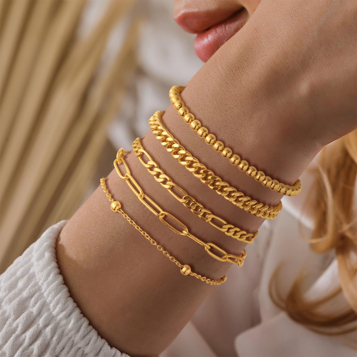 Gold Bracelets for Women, Dainty 14K Gold Plated Bracelet Stack for Women Trendy CZ Tennis Paperclip Cuban Chain Stackable Adjustable Waterproof Link Bracelet Jewelry Set Fashion Accessories Gifts