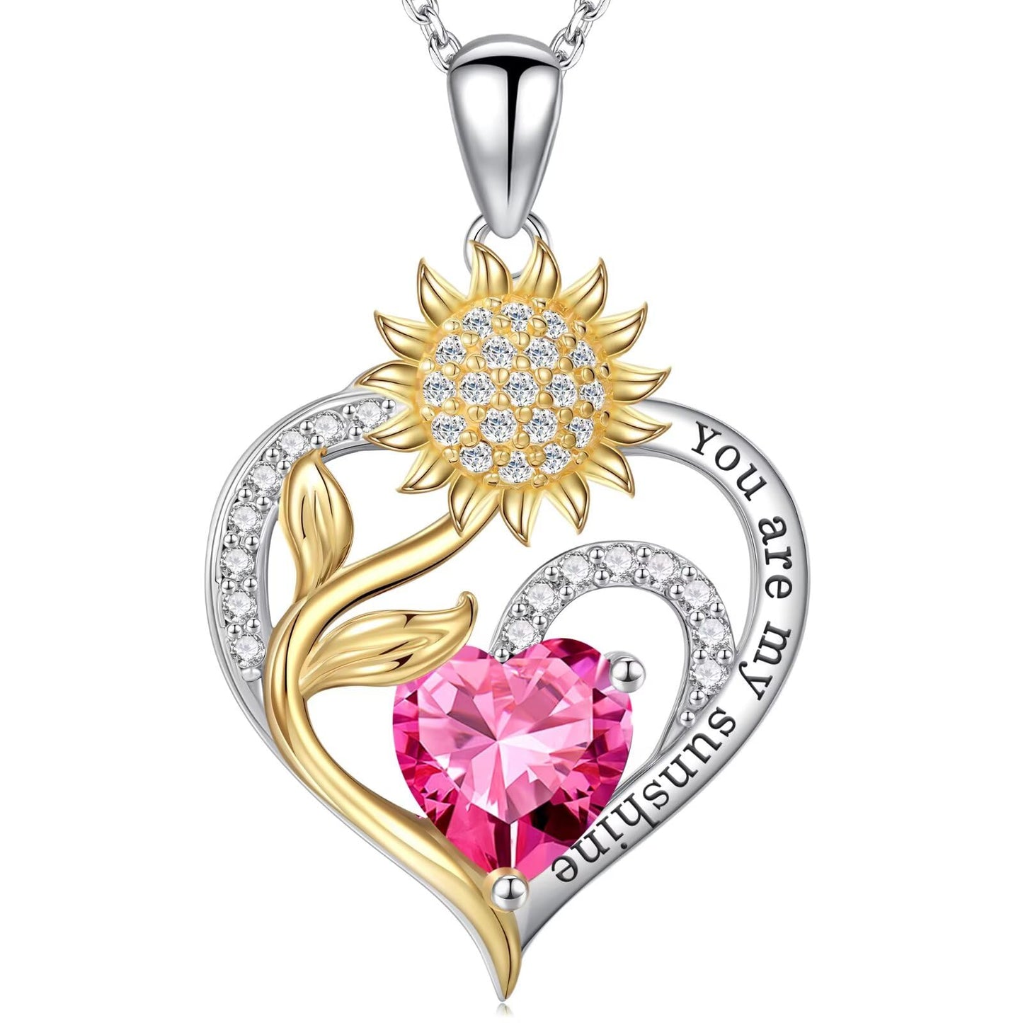 Iefil Sunflower Gifts for Women, Sunflower Necklace, Anniversary Birthday Gifts for Wife, October Lab-Created Pink Sapphire Jewelry, Birthstone Necklace for Women Wife Mom