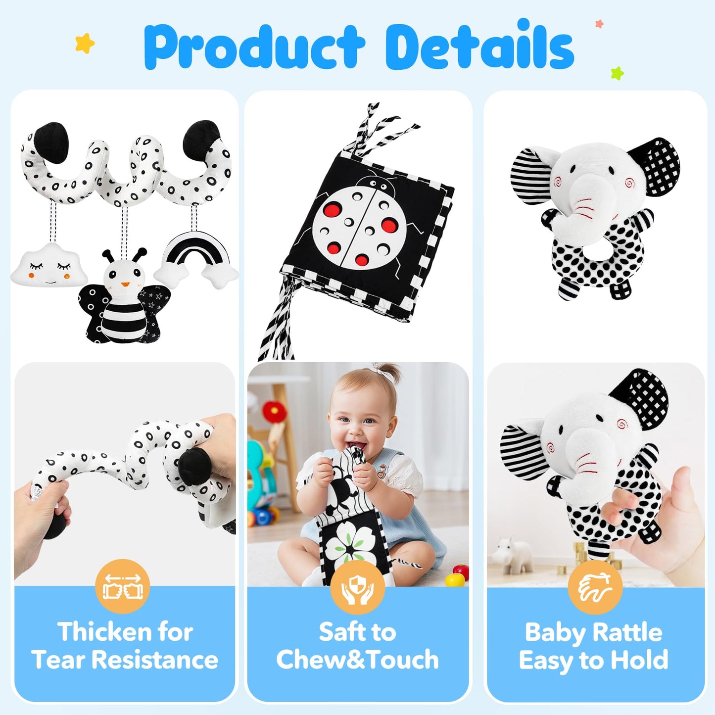TSYAN High Contrast Baby Toys for Babies 0-6 Months, Black and White Baby Sensory Toys with Car Seat Toys,Infant Toys with Black White Book, Hanging Rattle Toys for Baby Gifts