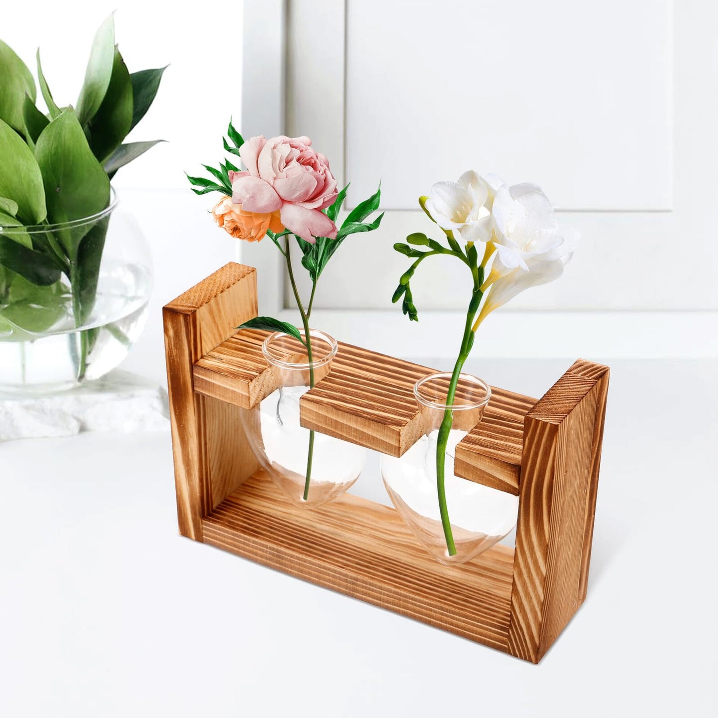 CORHAD Heart-Shaped Glass Hydroponic Vase with Wooden Frame Stand, Desktop Terrarium Planter for Indoor Plants, Tabletop Flower Pot for Home and Office Décor, 2pcs Set
