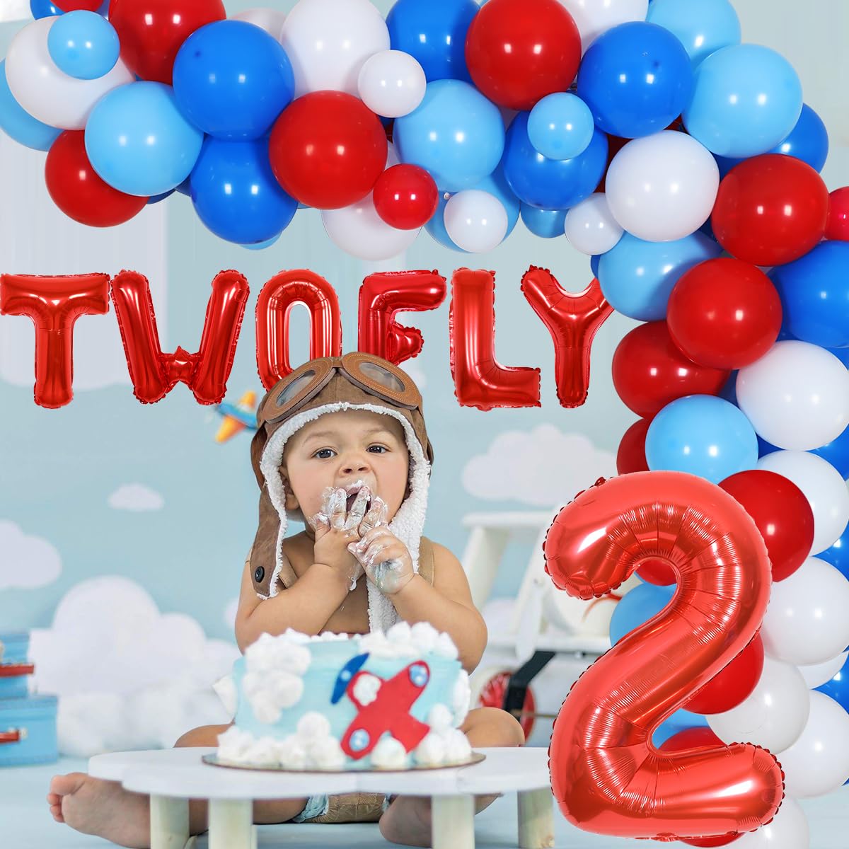 Two Fly Birthday Party Decorations, Airplane 2nd Birthday Decorations for Boys Girls - Blue and Red Balloon Garland, Airplane and Cloud Foil Balloons, Two Fly Letter Balloons