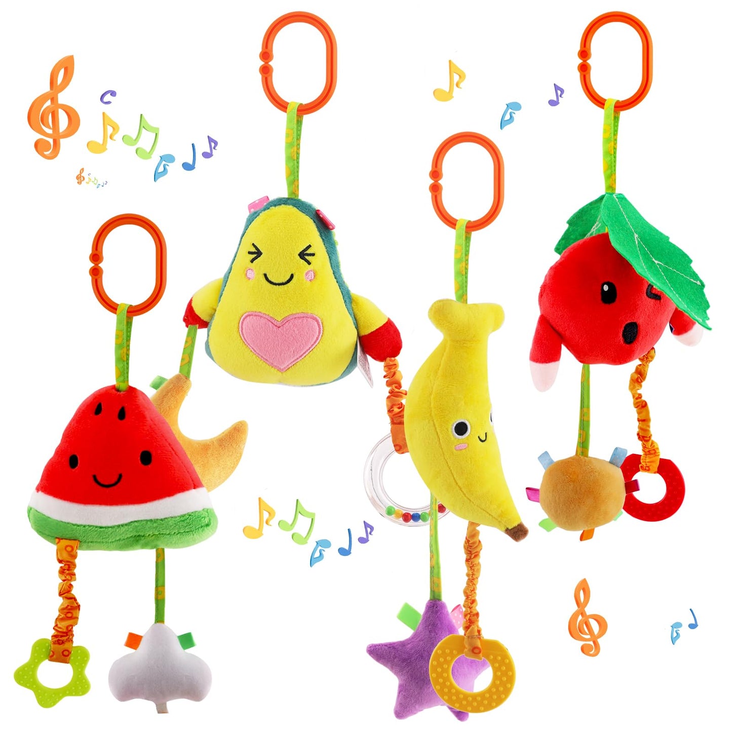 KAKIBLIN Baby Hanging Toys, 4 Pack Carseat Toys,Early Baby Cognitive Sensory Soft Hanging Toy for Crib Stroller Gym Mobile Plush Toy,Suitable for Babies 0-12 Months,Fruit